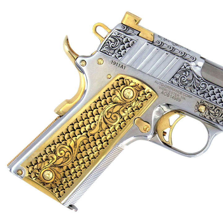 Auto Ordnance 1911, 45 ACP, Engraved In High Polish White Chrome, with 24 karat Gold Plated Accents, SKU: 7010467643494, Gold Gun, Gold Firearm,