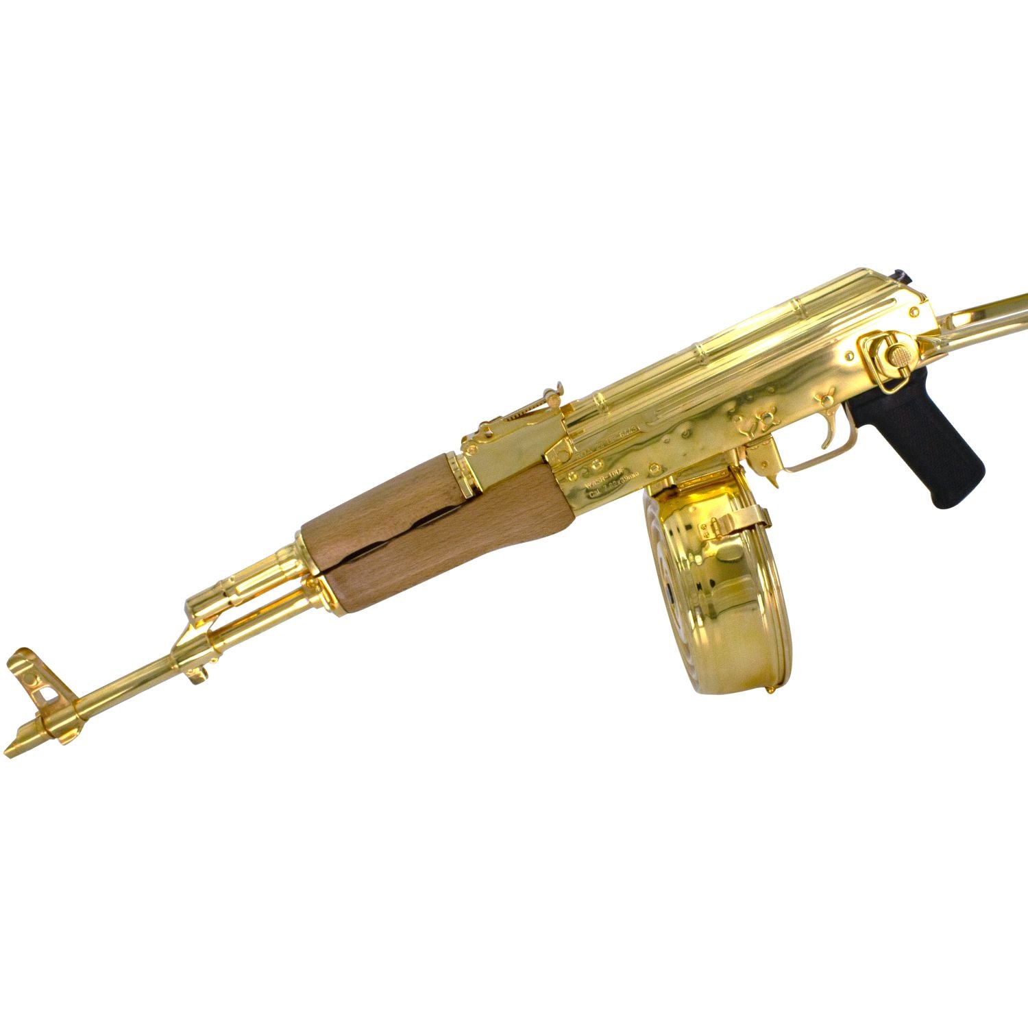 Ak 47 Century Arms Underfolder, 7.62x39mm, 24 karat Gold Plated W/ 24k Gold Plated Drum Magazine  SKU: 6838915727462,Gold AK 47, Gold Gun, Gold Firearm