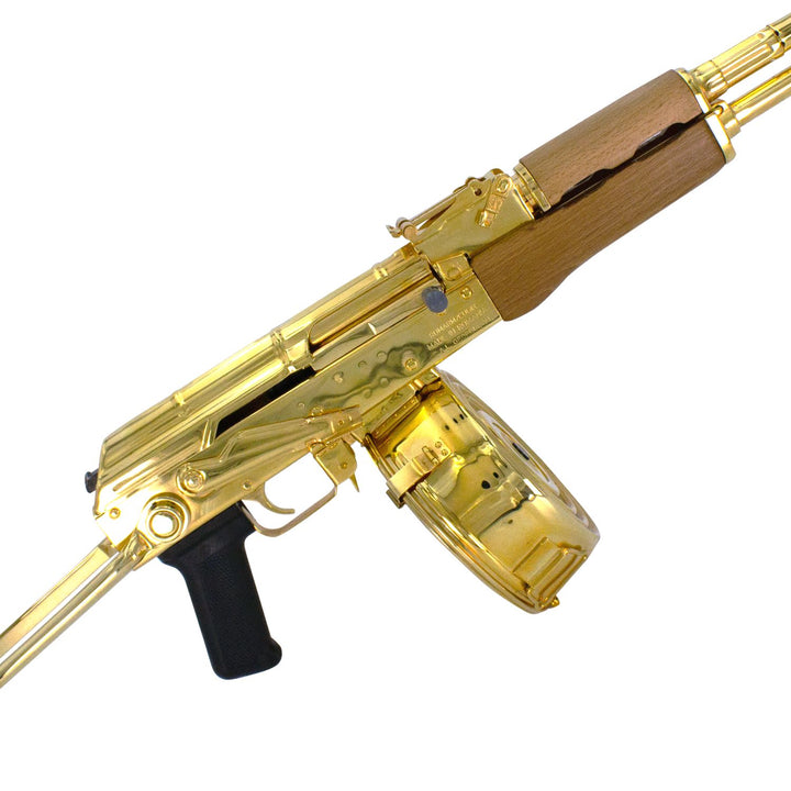 Ak 47 Century Arms Underfolder, 7.62x39mm, 24 karat Gold Plated W/ 24k Gold Plated Drum Magazine  SKU: 6838915727462,Gold AK 47, Gold Gun, Gold Firearm