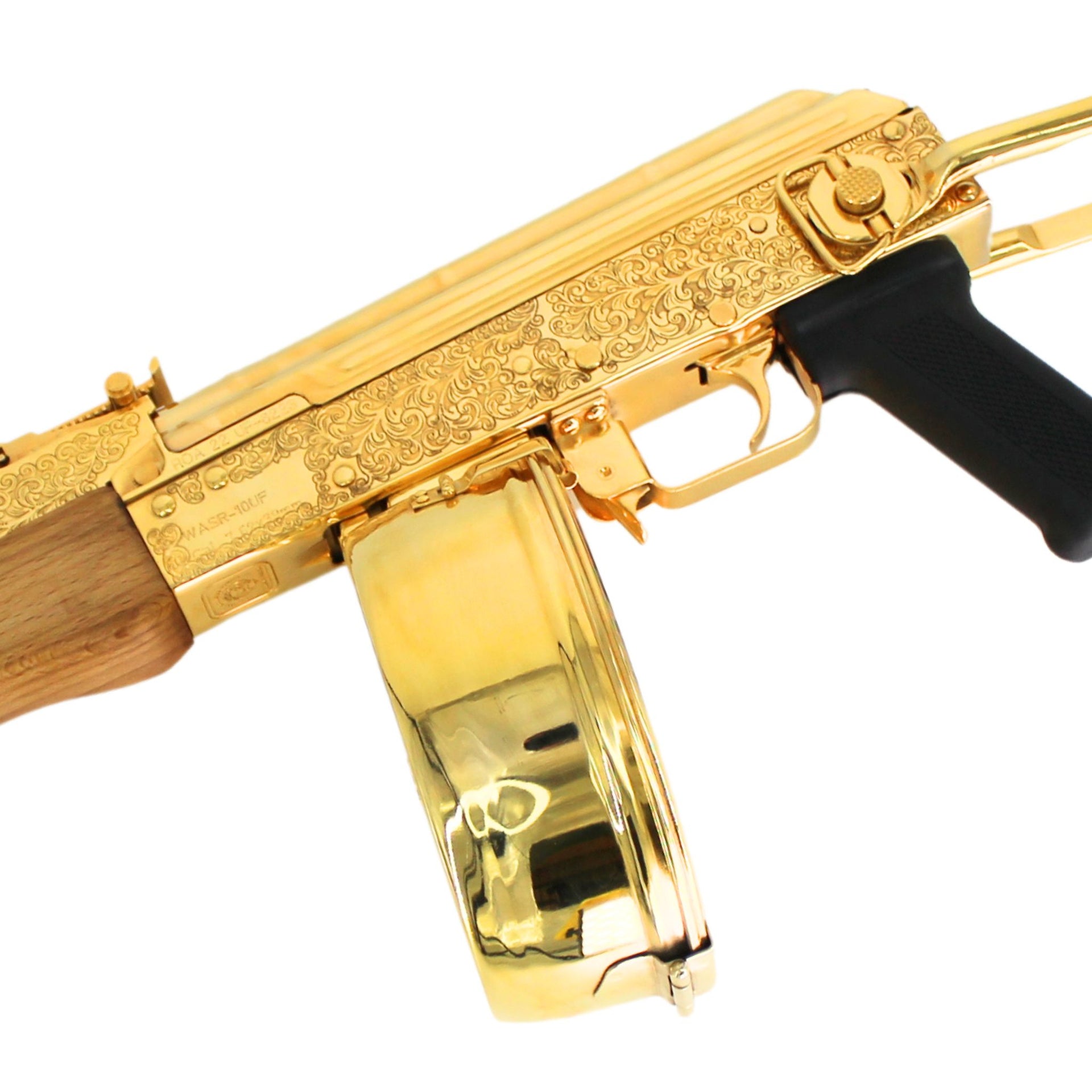 Ak 47 Century Arms Underfolder, 7.62x39mm,Engraved, 24 karat Gold Plated W/ 24k Gold Plated Drum Magazine  SKU: 6963834716262,Gold AK 47, Gold Gun, Gold Firearm