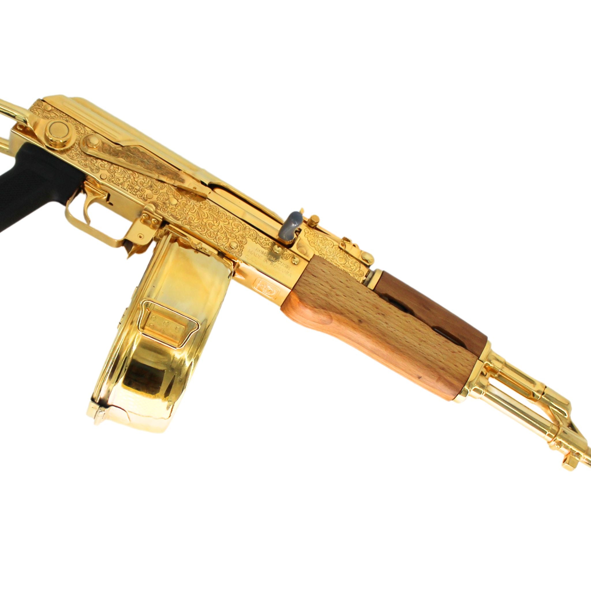Ak 47 Century Arms Underfolder, 7.62x39mm,Engraved, 24 karat Gold Plated W/ 24k Gold Plated Drum Magazine  SKU: 6963834716262,Gold AK 47, Gold Gun, Gold Firearm
