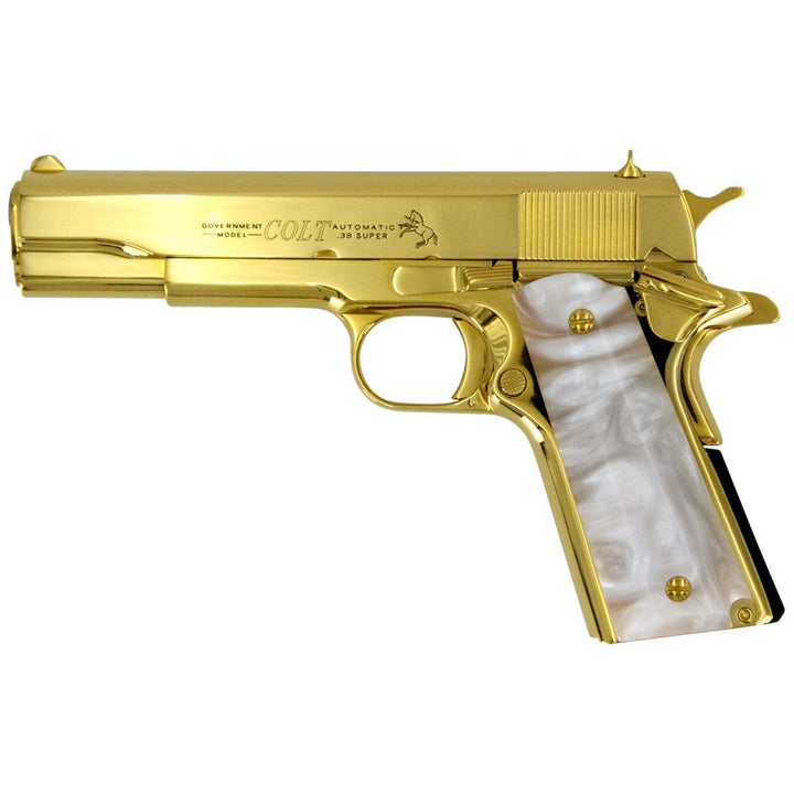 Colt 1911 Government, 38 Super, 24K All Gold Plated, Hogue White Grips, 4356052975718