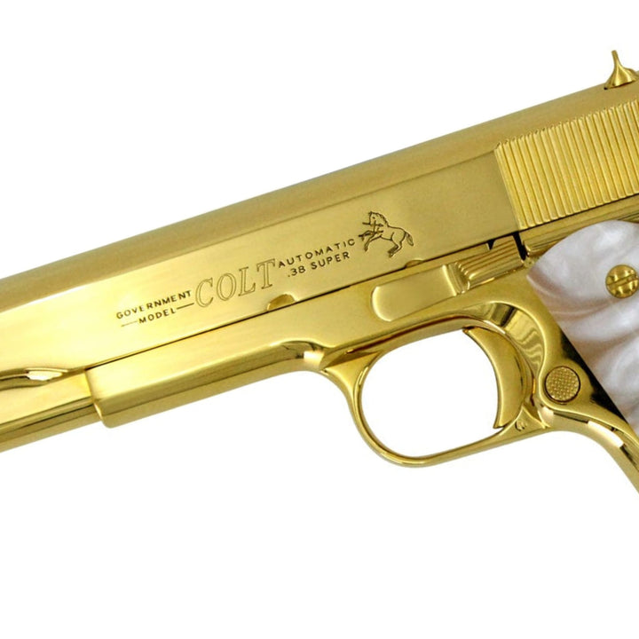 Colt 1911 Government, 38 Super, 24K All Gold Plated, Hogue White Grips, 4356052975718