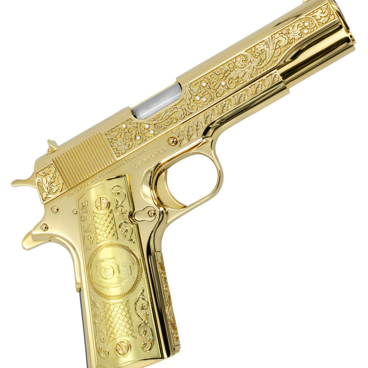 Colt 1911 Government, 38 Super, 9 + 1, Vine and Berries with Diamonds, 24 karat Gold Plated, SKU: 4584642838630, 24 karat gold gun, 24 Karat Gold Firearm