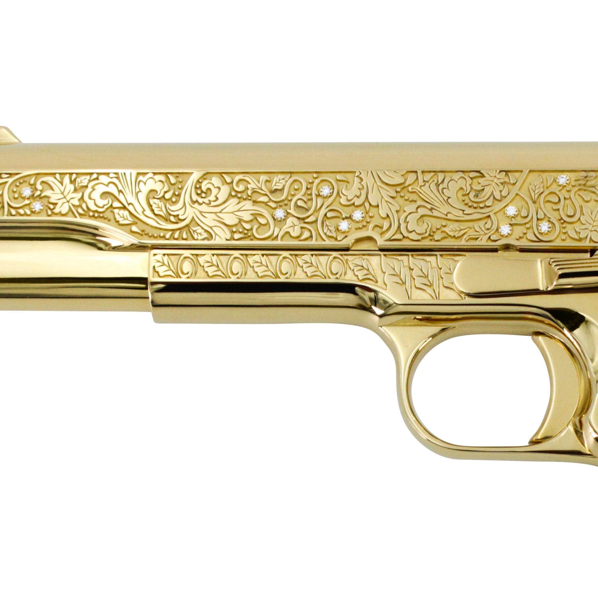 Colt 1911 Government, 38 Super, 9 + 1, Vine and Berries with Diamonds, 24 karat Gold Plated, SKU: 4584642838630, 24 karat gold gun, 24 Karat Gold Firearm