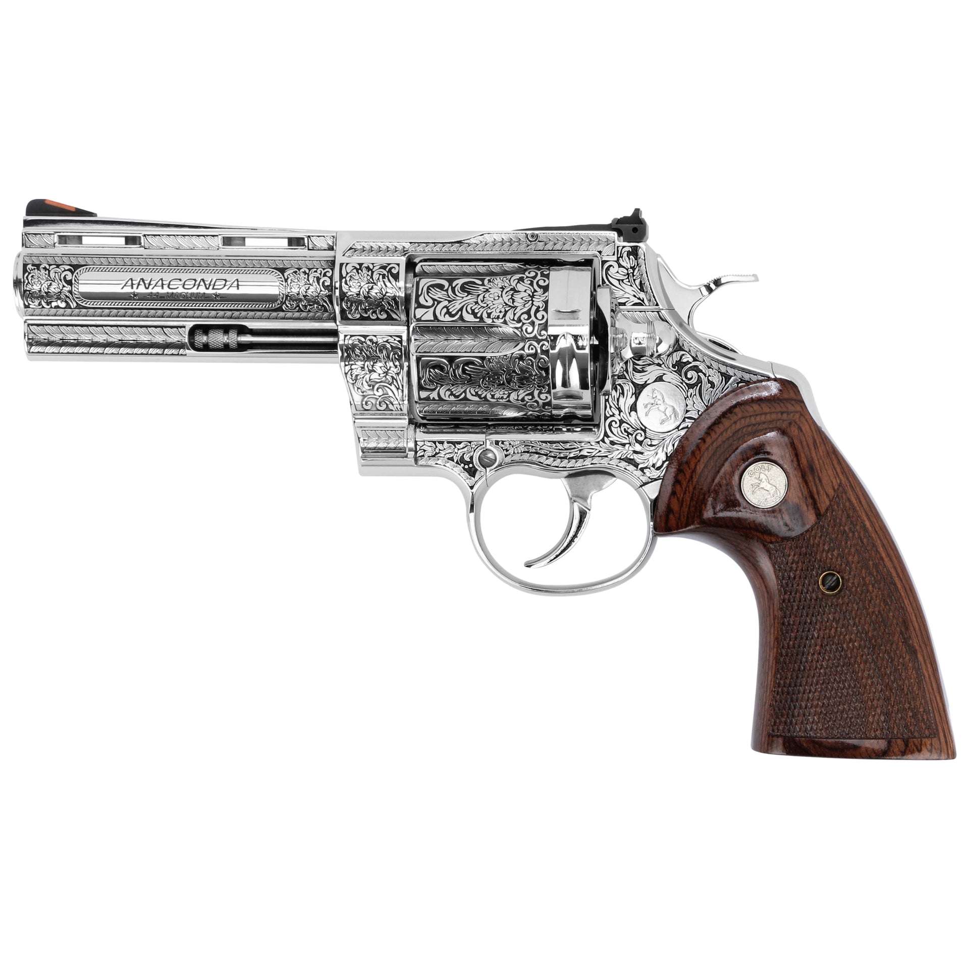 Colt Anaconda 4", .44 Magnum, Engraved High Polished Stainless Steel with Custom Glossly Wood Grips