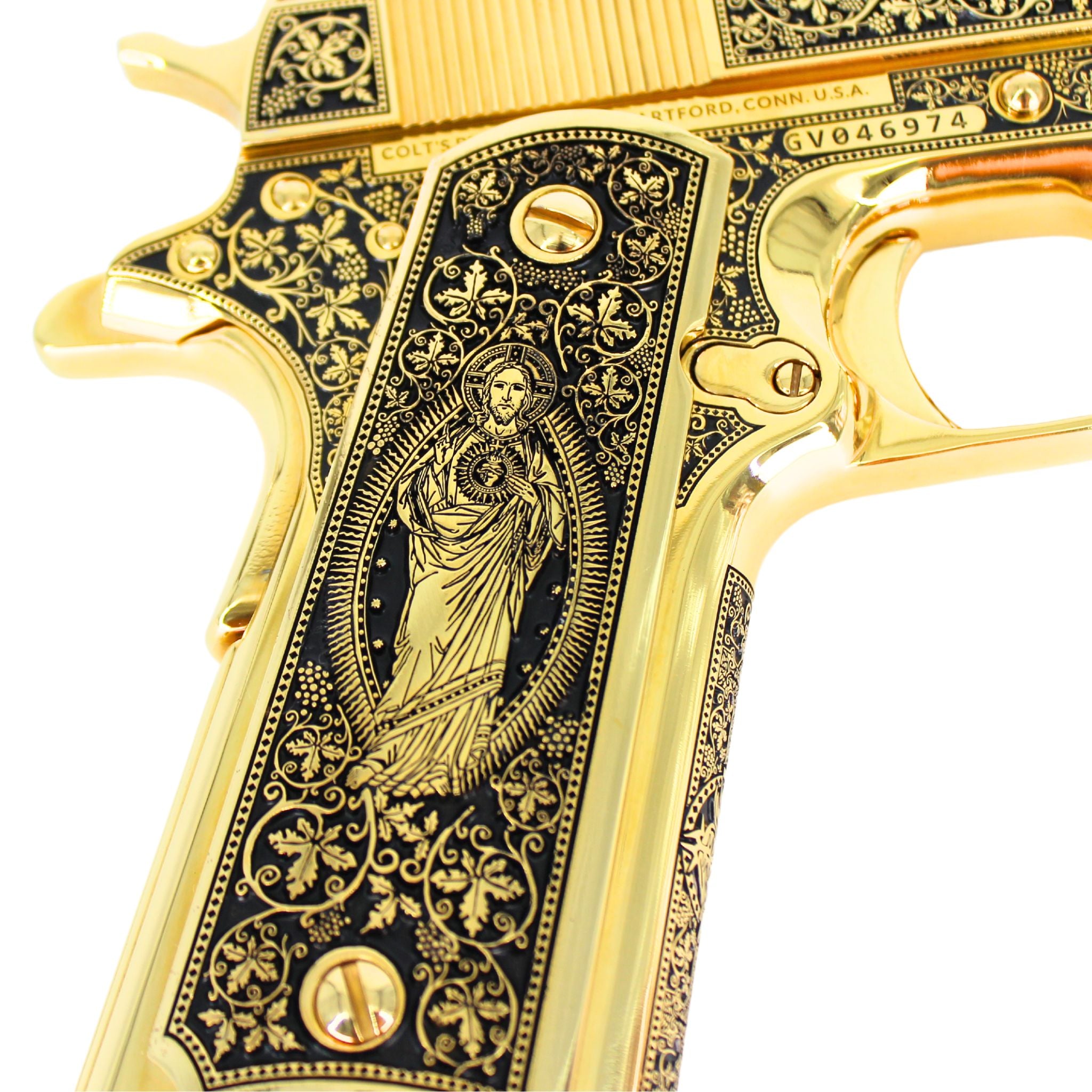 Colt 1911 Government, 45ACP, 24K All Gold Plated,  Cathedral design, 7007643959398, 098289112224