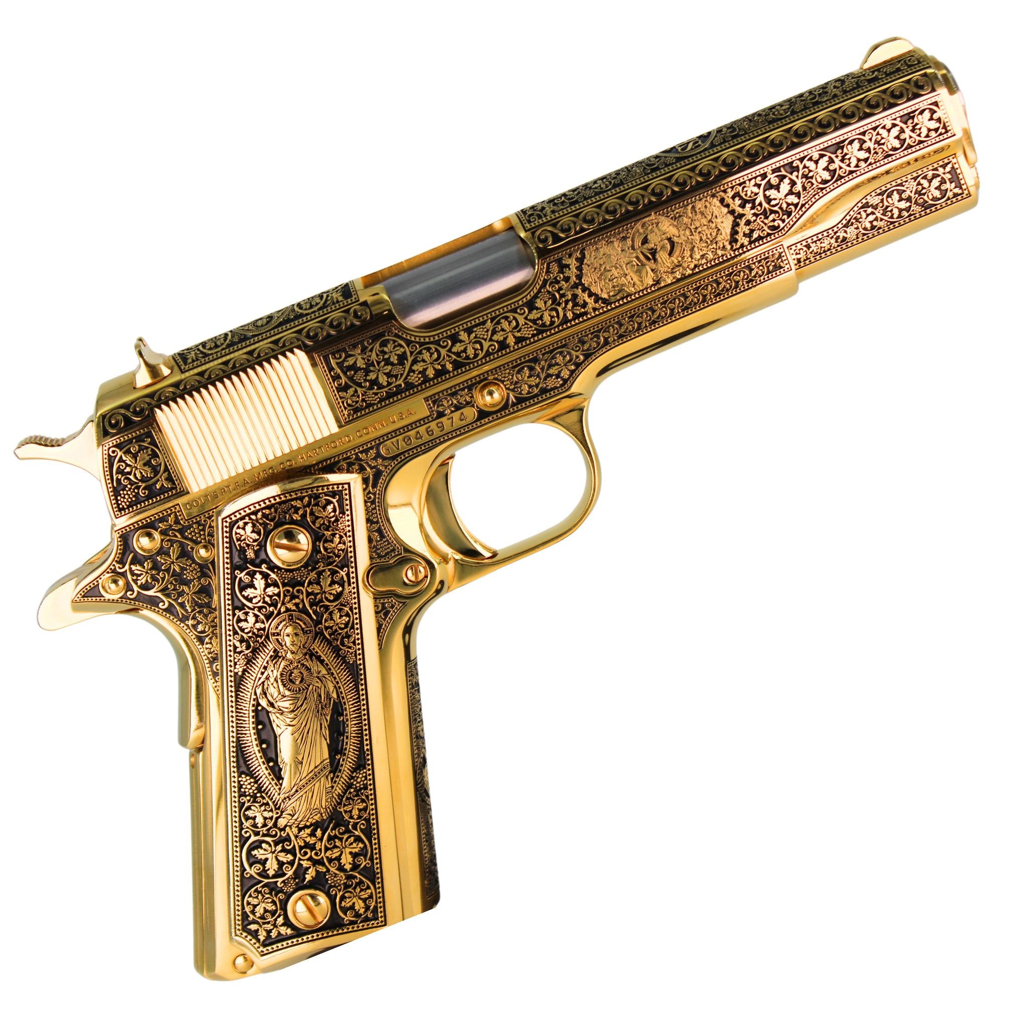 Colt 1911 Government, 45ACP, 24K All Gold Plated,  Cathedral design, 7007643959398, 098289112224