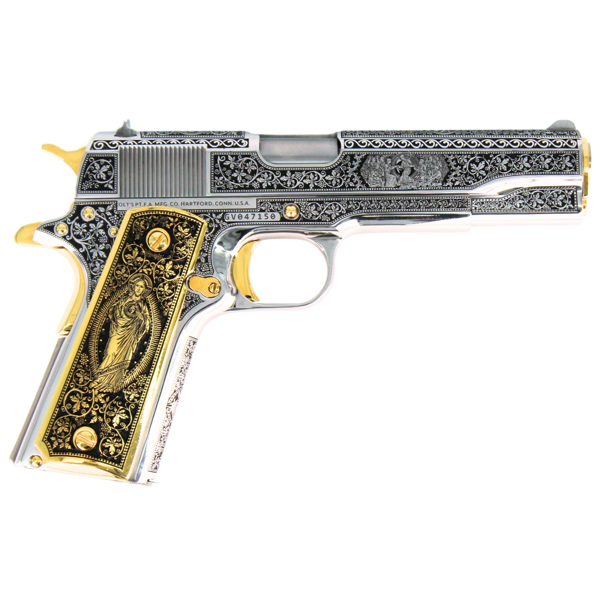 1911 Colt Government, 45 ACP, Cathedral design , High Polished Stainless Steel and 24K Gold Plated, SKU: 7007644418150, 098289112224, GOLD GUN