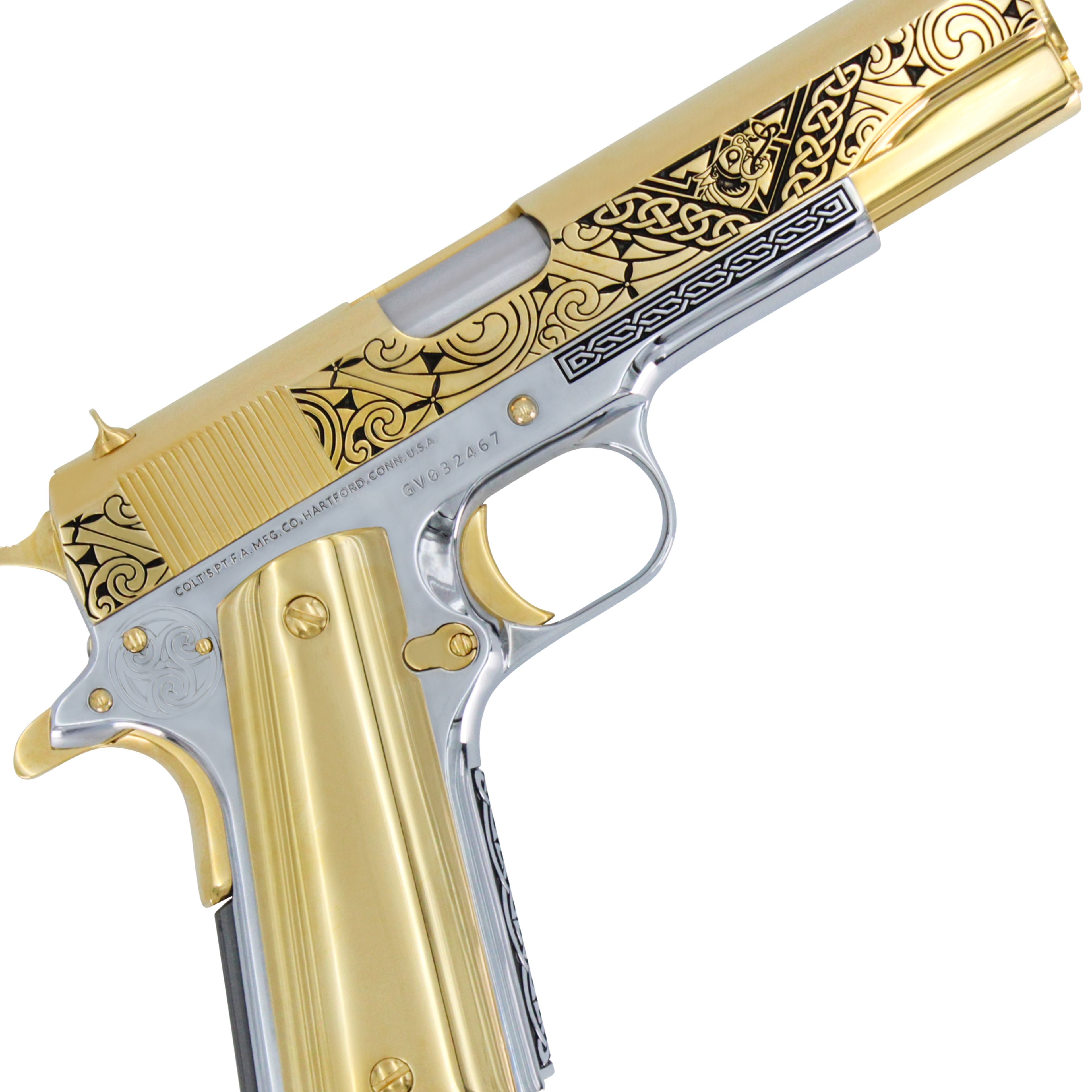 COLT 1911 Government CELTIC Engraved Design, 45 ACP, 24KT GOLD, Chrome Finish Frame, SKU: 4335024373862 , gold pistol, 24 karat gold gun