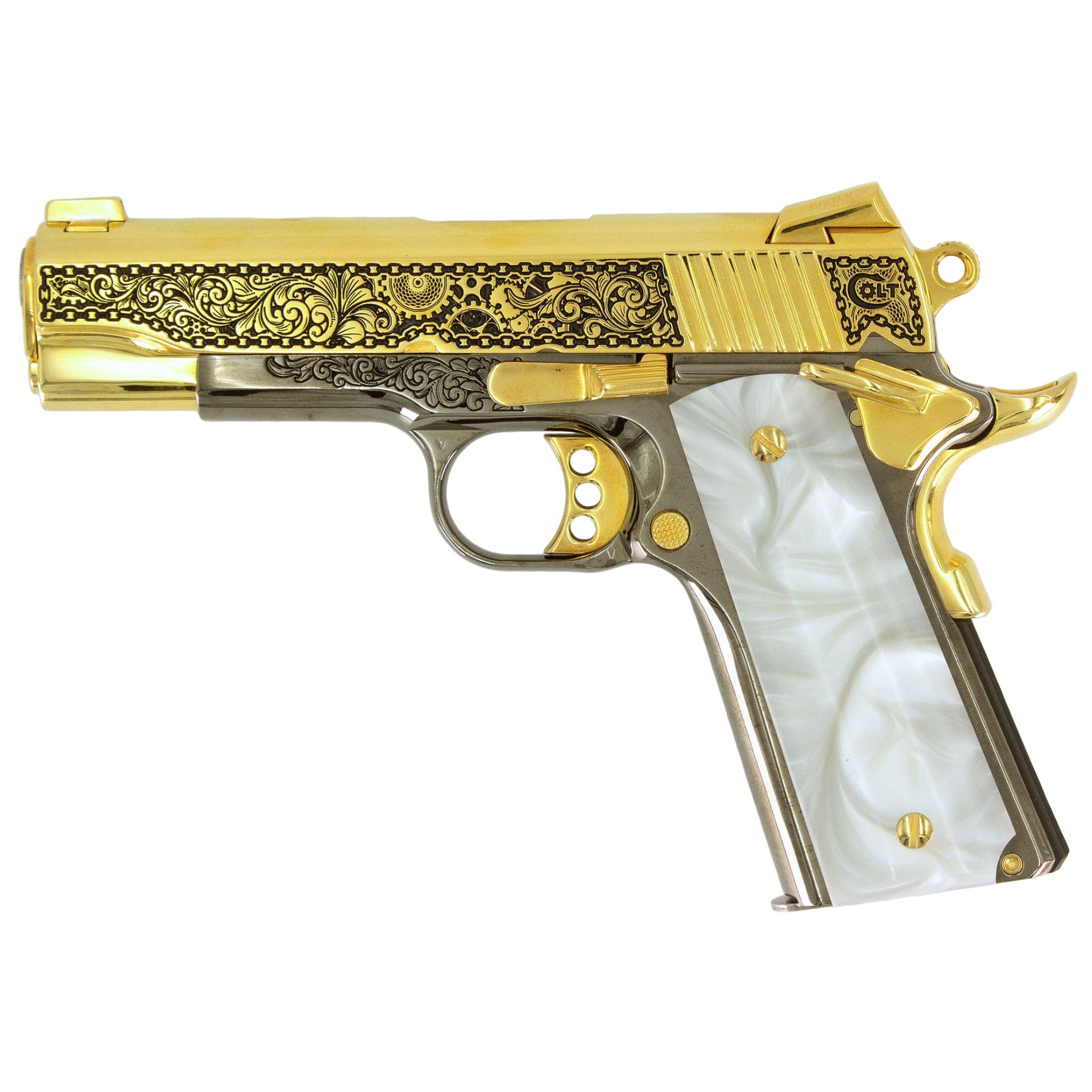 Colt 1911 Combat Commander, 45 ACP,  Engraved In High Polish 24 karat Gold Plated and Black Chrome Clockwork Design,SKU: 7010463121510, Gold Gun, Gold Firearm, Engraved Firearm 