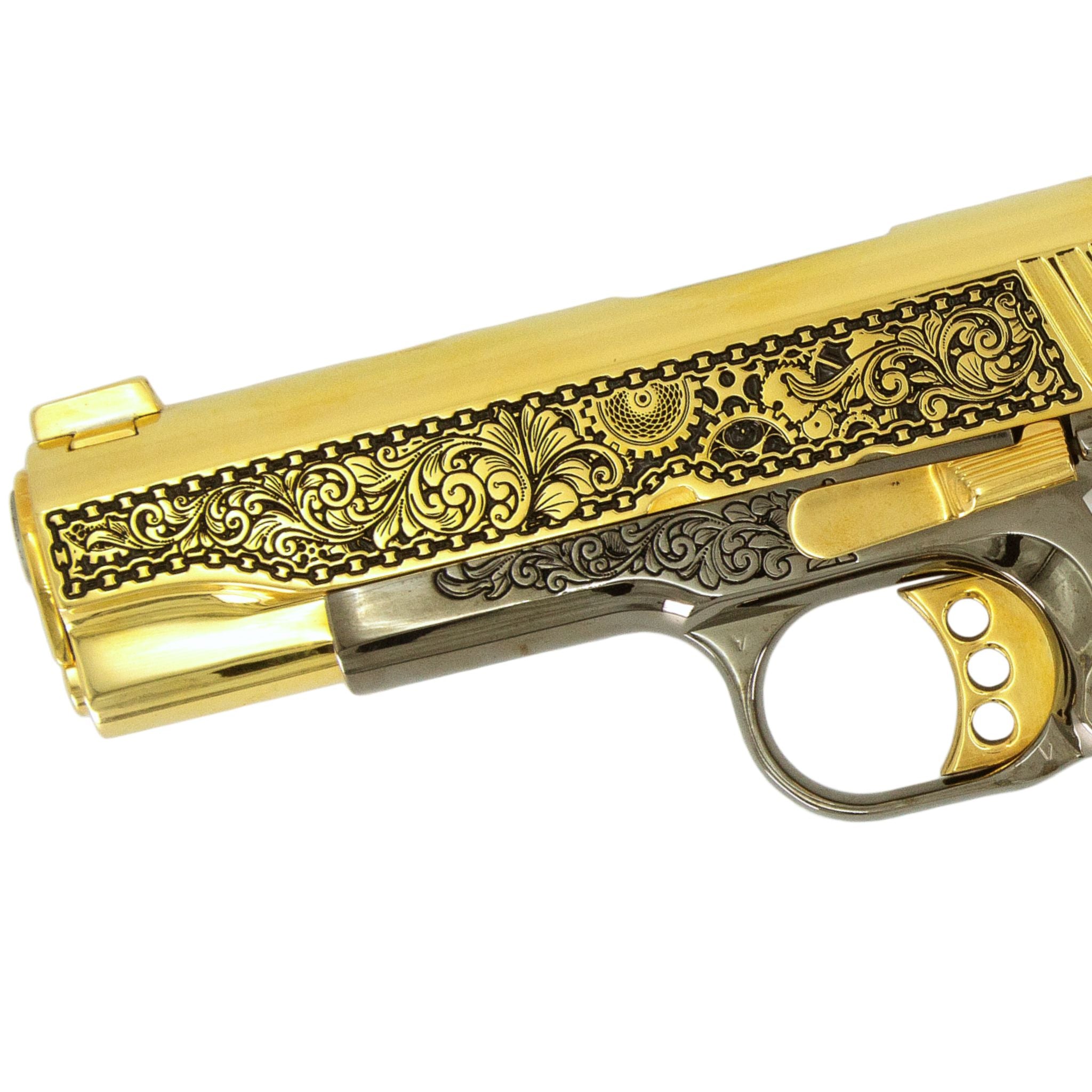 Colt 1911 Combat Commander, 45 ACP,  Engraved In High Polish 24 karat Gold Plated and Black Chrome Clockwork Design,SKU: 7010463121510, Gold Gun, Gold Firearm, Engraved Firearm 