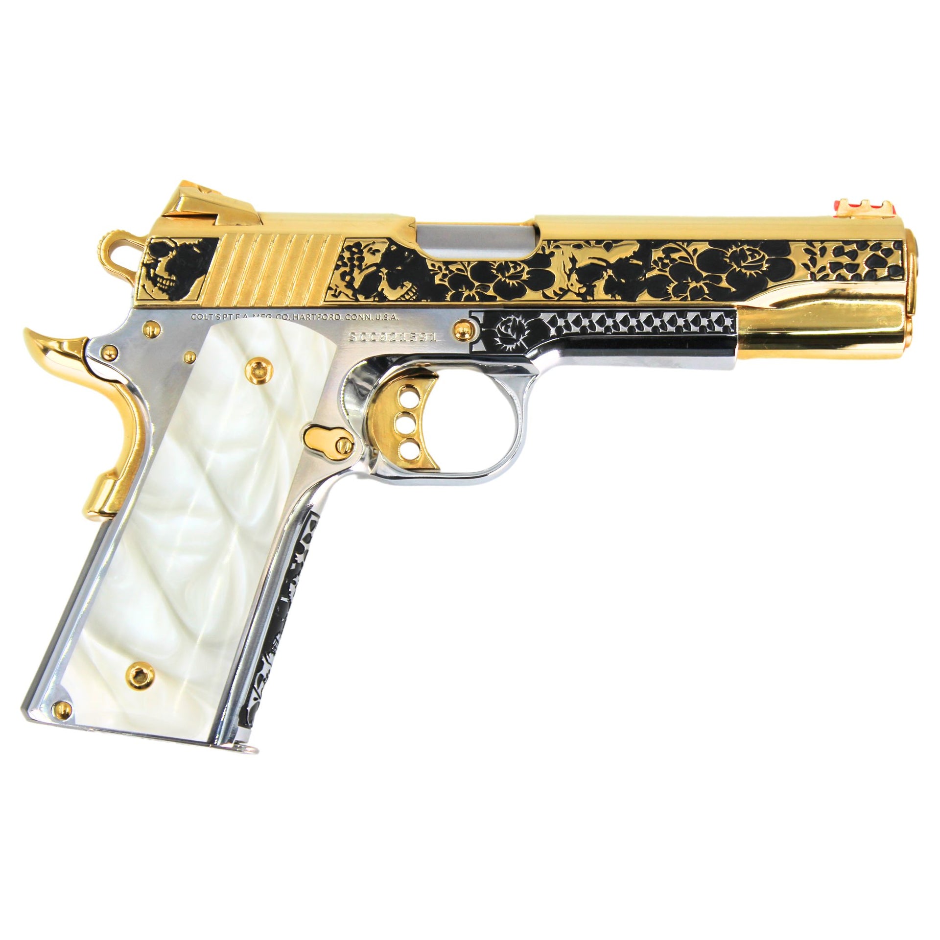 COLT 1911, 45ACP Competition, Skulls & Flowers Design with 24K Gold Plated Slide & Accents