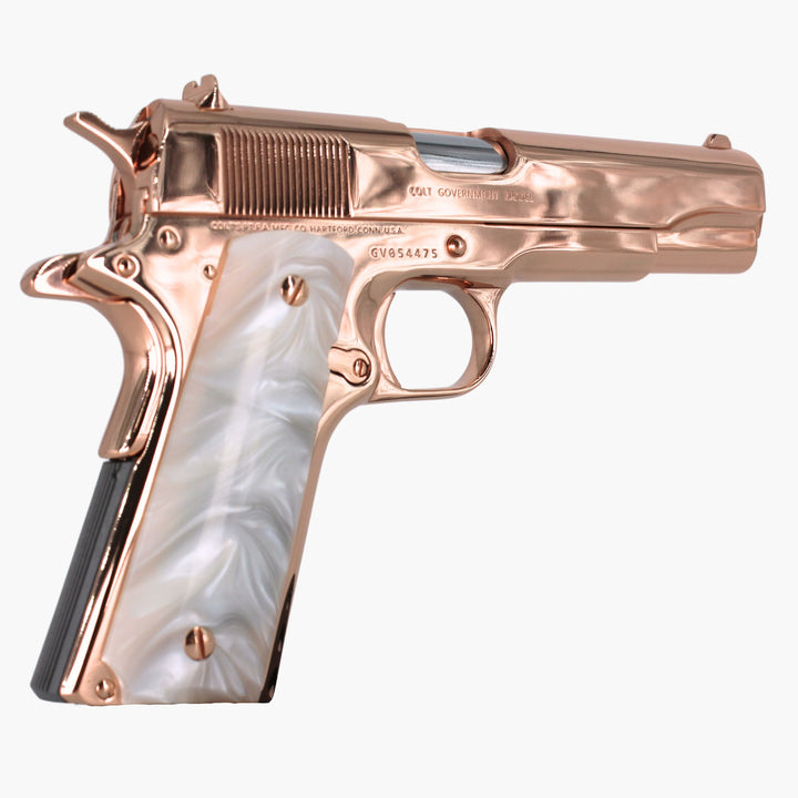 Colt 1911 Government, 45ACP, 18 karat Rose Gold Plated, Hogue White Pearlized Grips, 4874873176166, rose gold pistols, rose gold guns