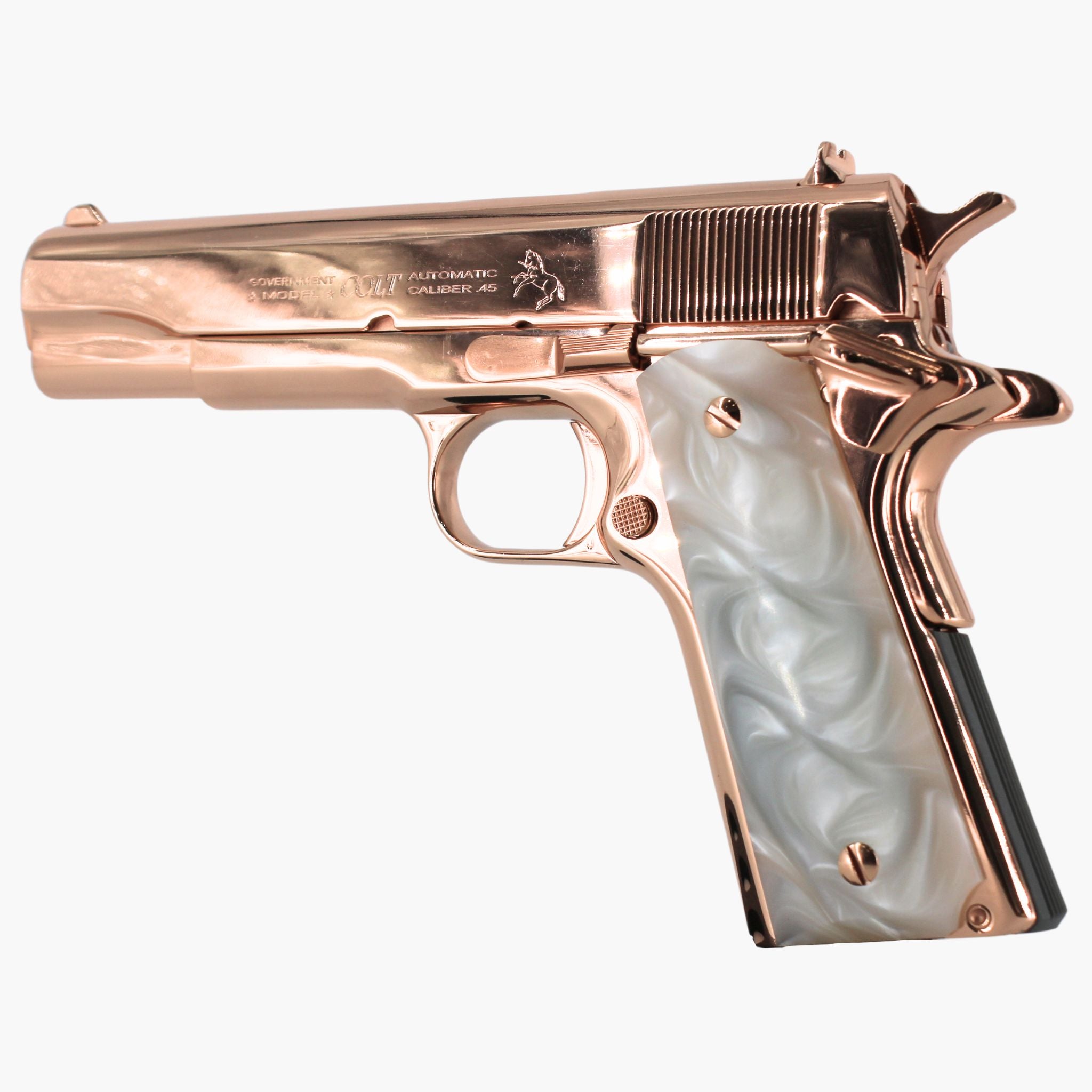 Colt 1911 Government, 45ACP, 18 karat Rose Gold Plated, Hogue White Pearlized Grips, 4874873176166, rose gold pistols, rose gold guns
