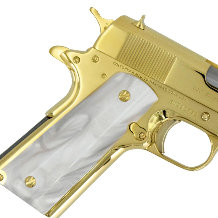 Colt 1911 Government, 45ACP, 24K All Gold Plated, Hogue White Pearlized Grips, SKU: 4836904861798, 098289112187