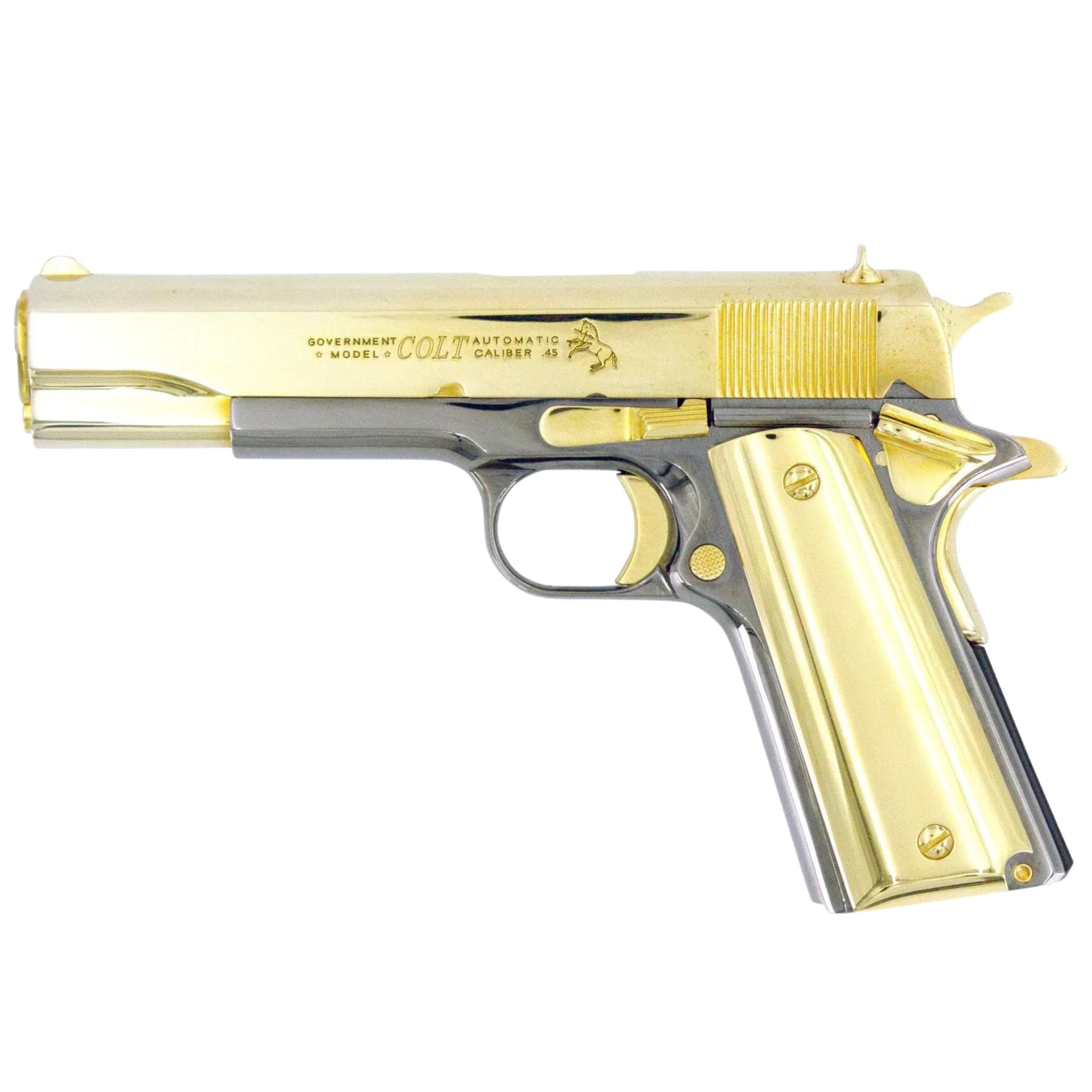 Colt 1911 Government, 45ACP, 24K Gold Plated Slide & Accents with a Black Chrome Mirror Finish, SKU: 4850958237798, 24 karat gold gun, 24 Karat Gold Firearm