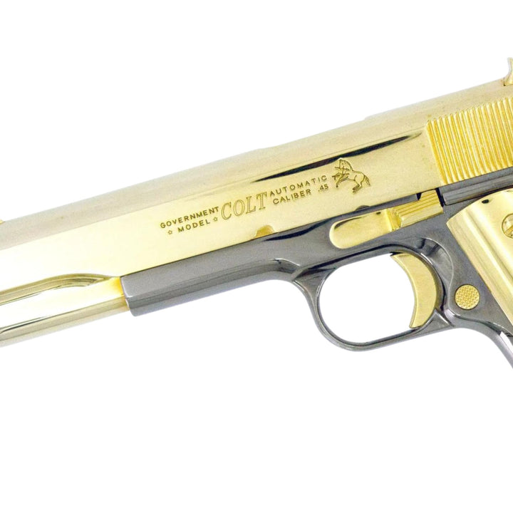 Colt 1911 Government, 45ACP, 24K Gold Plated Slide & Accents with a Black Chrome Mirror Finish, SKU: 4850958237798, 24 karat gold gun, 24 Karat Gold Firearm