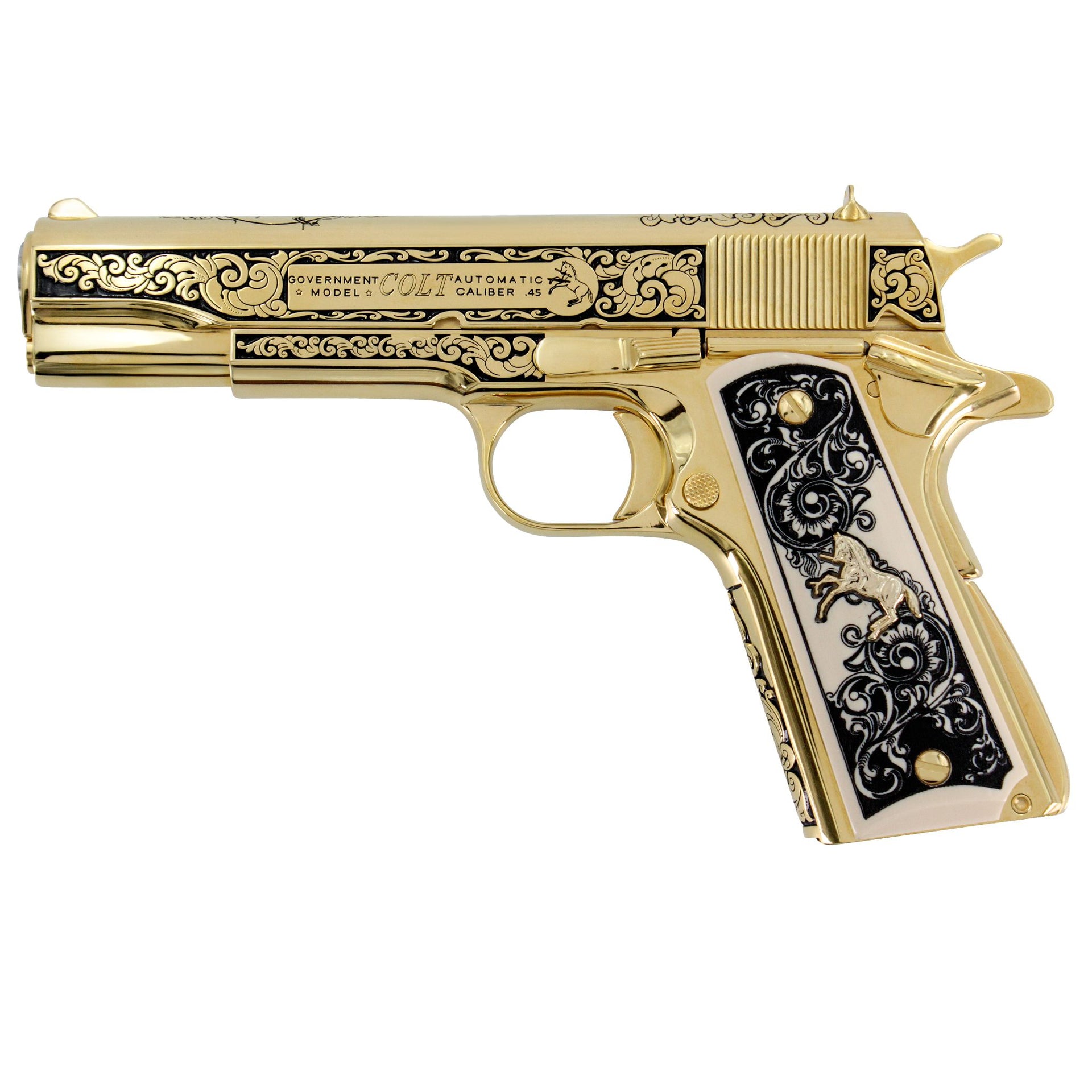 Colt 1911 Government, 45ACP, Elite Scroll Design, 24 karat Gold Plated, Engraved White Polymer Ivory Grips, 6617444089958, 24 karat Gold Gun