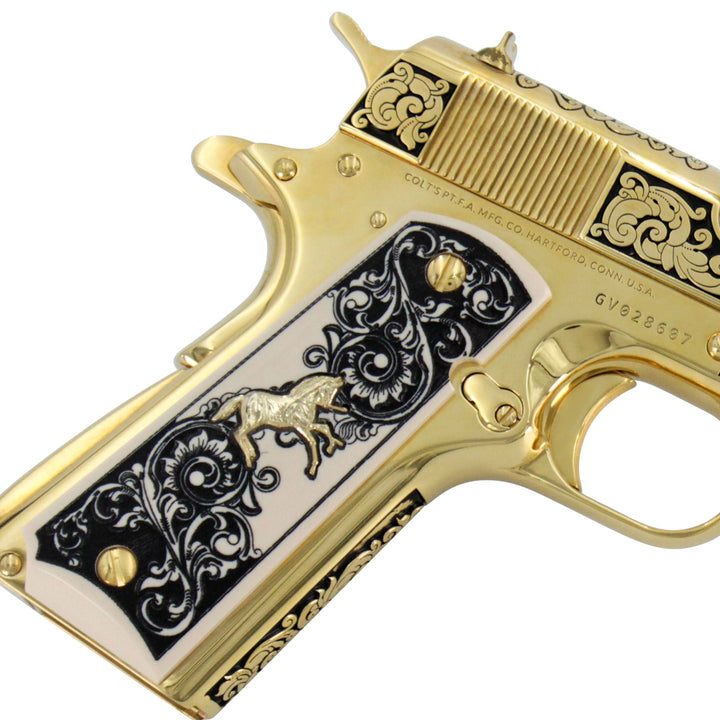 Colt 1911 Government, 45ACP, Elite Scroll Design, 24 karat Gold Plated, Engraved White Polymer Ivory Grips, 6617444089958, 24 karat Gold Gun