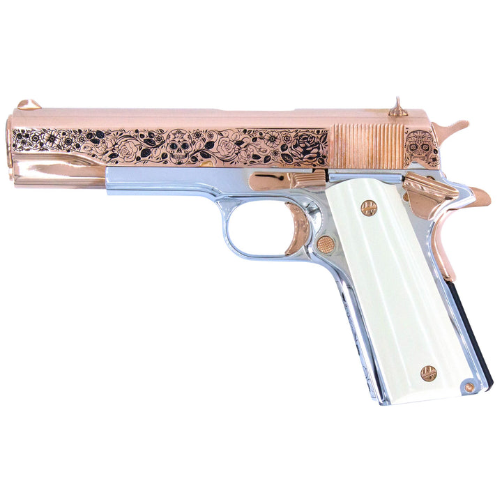 Colt 1911 Government, 45ACP, Dia De Los Muertos, 18K Rose Gold Slide, Chrome Finish Frame, SKU: 4853316485222, 18K Rose Gold gun, 18K Rose Gold Firearm
