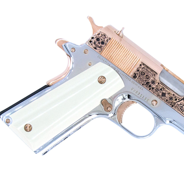 Colt 1911 Government, 38 Super, Dia De Los Muertos Design, 18K Rose Gold Slide & Accents, Chrome Finish Frame, SKU 4337752375398, CUSTOM GUNS, 18K Rose gold gun, Rose Gold gun