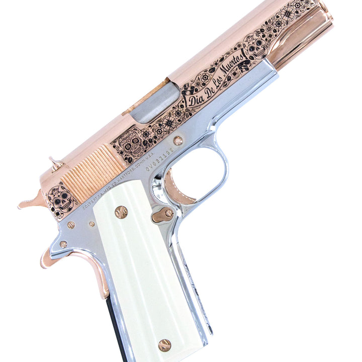 Colt 1911 Government, 45ACP, Dia De Los Muertos, 18K Rose Gold Slide, Chrome Finish Frame, SKU: 4853316485222, 18K Rose Gold gun, 18K Rose Gold Firearm