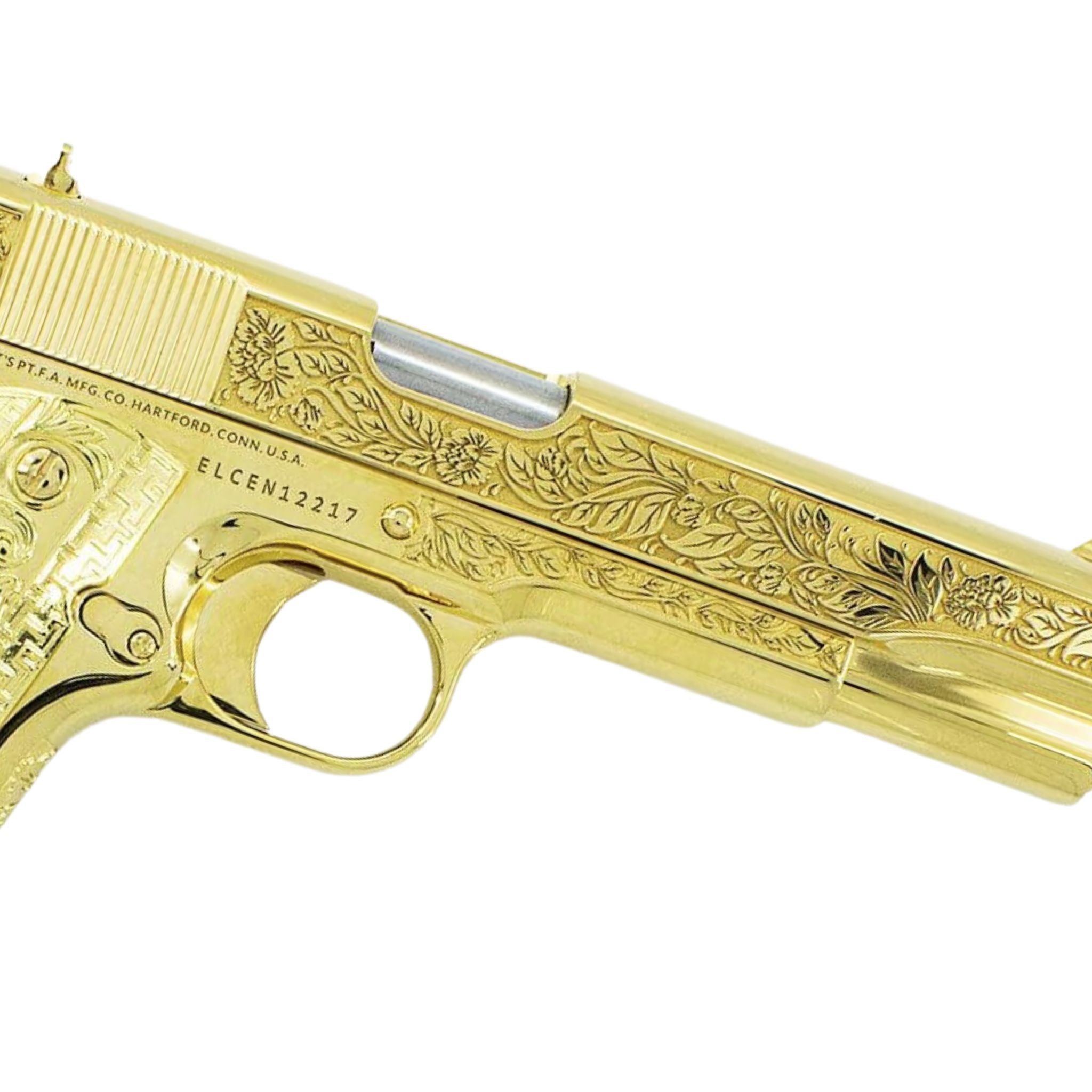 Colt 1911 Government, 38 Super, Italian Renaissance Design, 24K All Gold Plated, 4389348311142, 24K Gold Firearms. CUSTOM GUNS