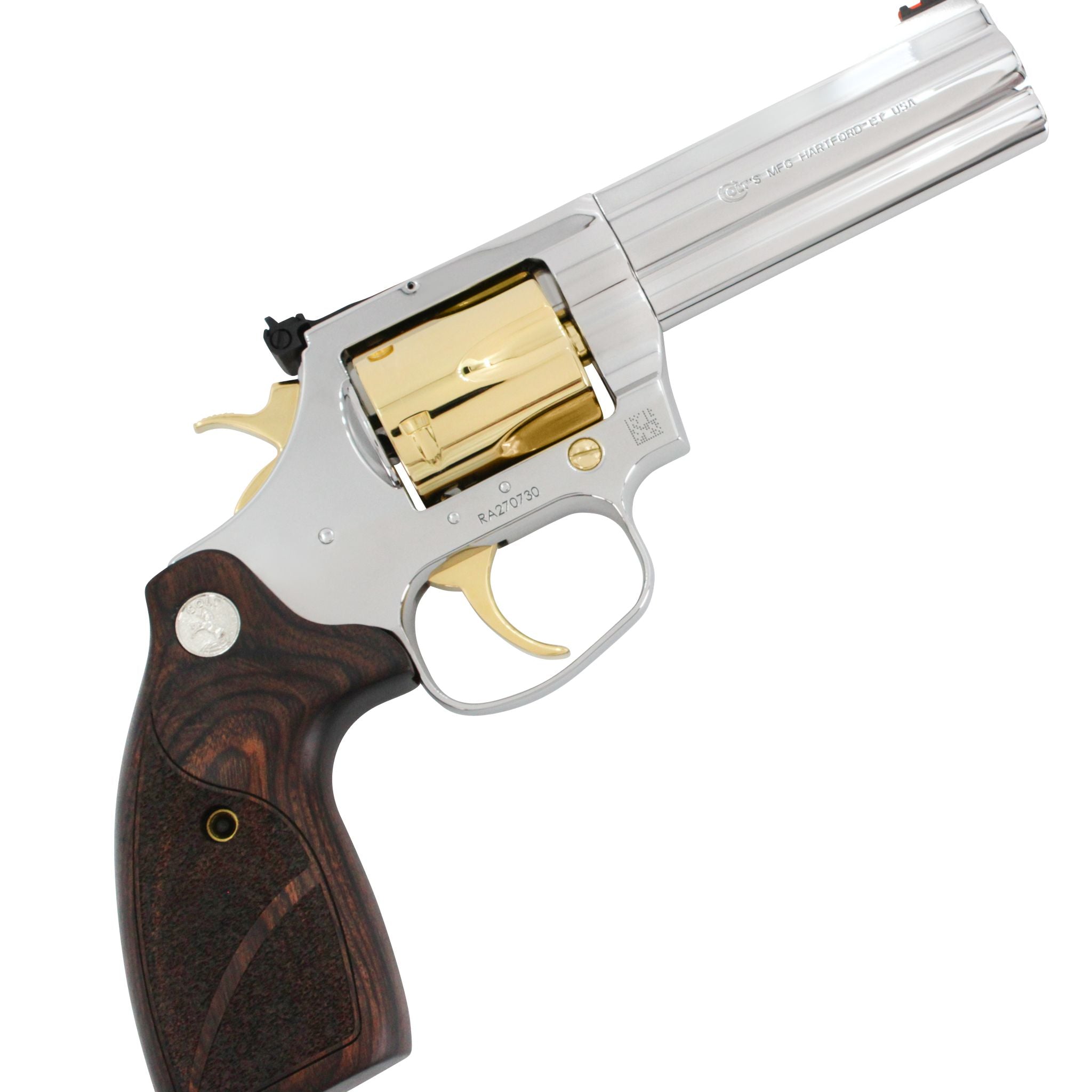 Colt King Cobra Target, 4", 357 Magnum High Polished Stainless Steel with 24 karat Gold Accents SKU: 4946750308454, Gold Gun, gold firearm