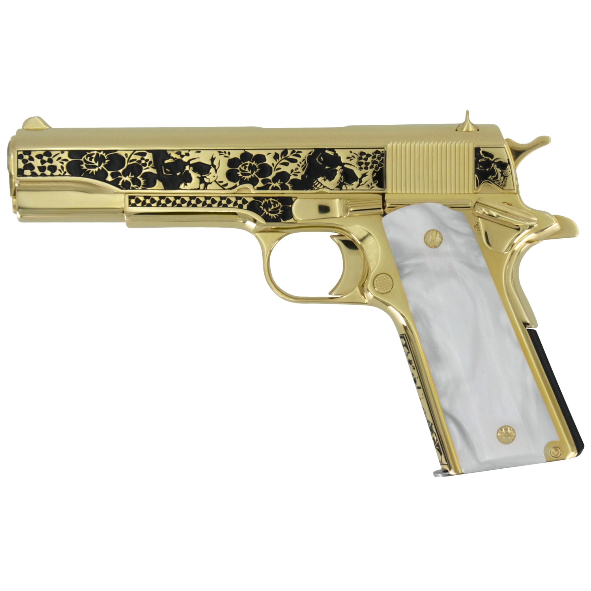 Colt 1911 Government, 45ACP, Memento Vivere, 24K All Gold Plated, Pearlized Polymer Grips, 24 karat Gold Guns,4355355869286,  098289112187