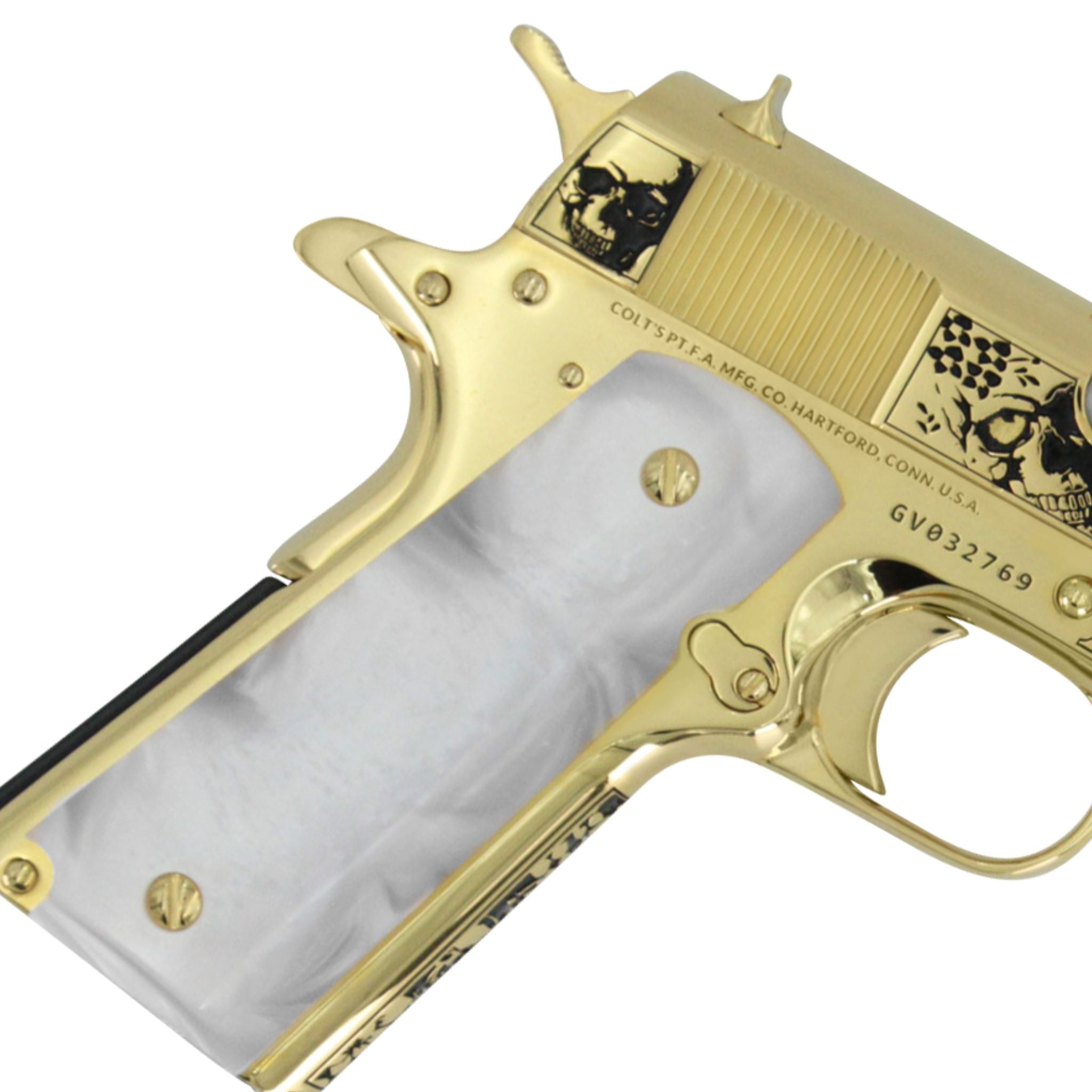 Colt 1911 Government, 45ACP, Memento Vivere, 24K All Gold Plated, Pearlized Polymer Grips, 24 karat Gold Guns,4355355869286,  098289112187