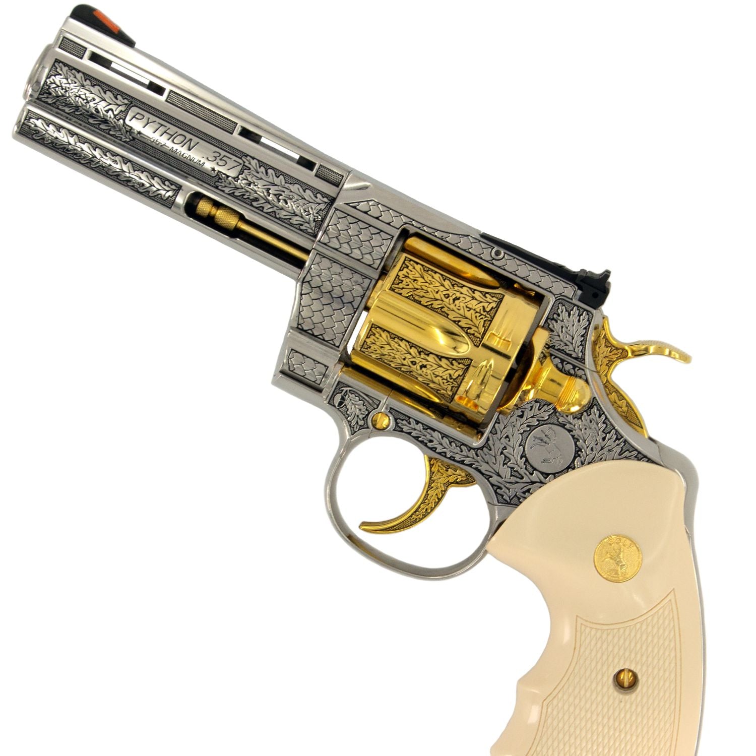 Colt Python, 4", .357 Magnum, 24 karat Gold Engraved High Polished Stainless Steel California Compliant, SKU: 7010466955366,  Gold Gun,  Gold Firearm, Engraved Firearm  
