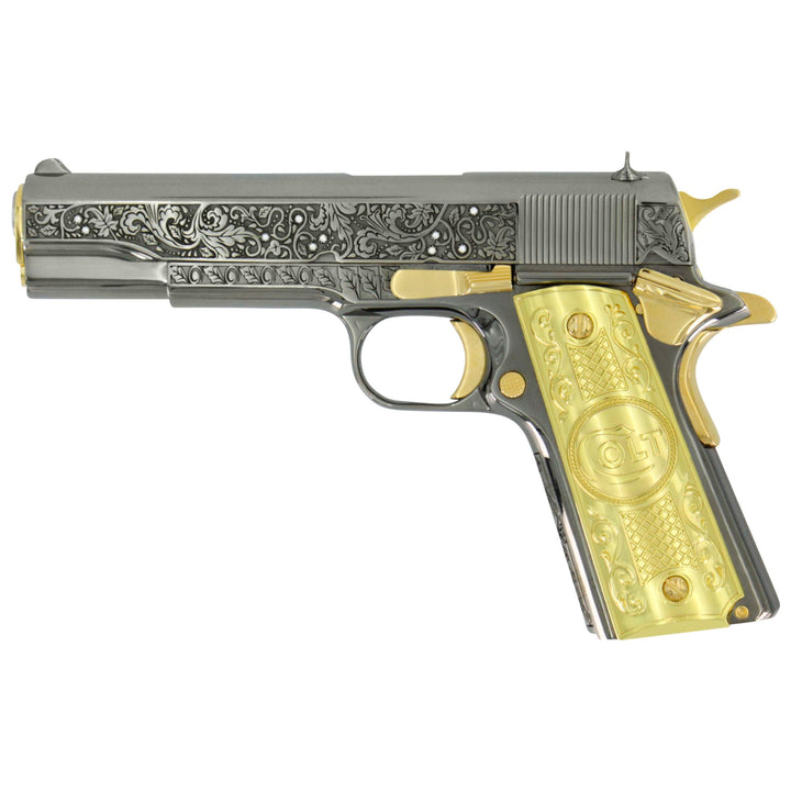Colt 1911 Government, 45ACP, Vine & Berries Design With Diamonds, 24kt Gold Accents, SKU: 4335130935398, 24 karat gold gun, 24 Karat Gold Firearm