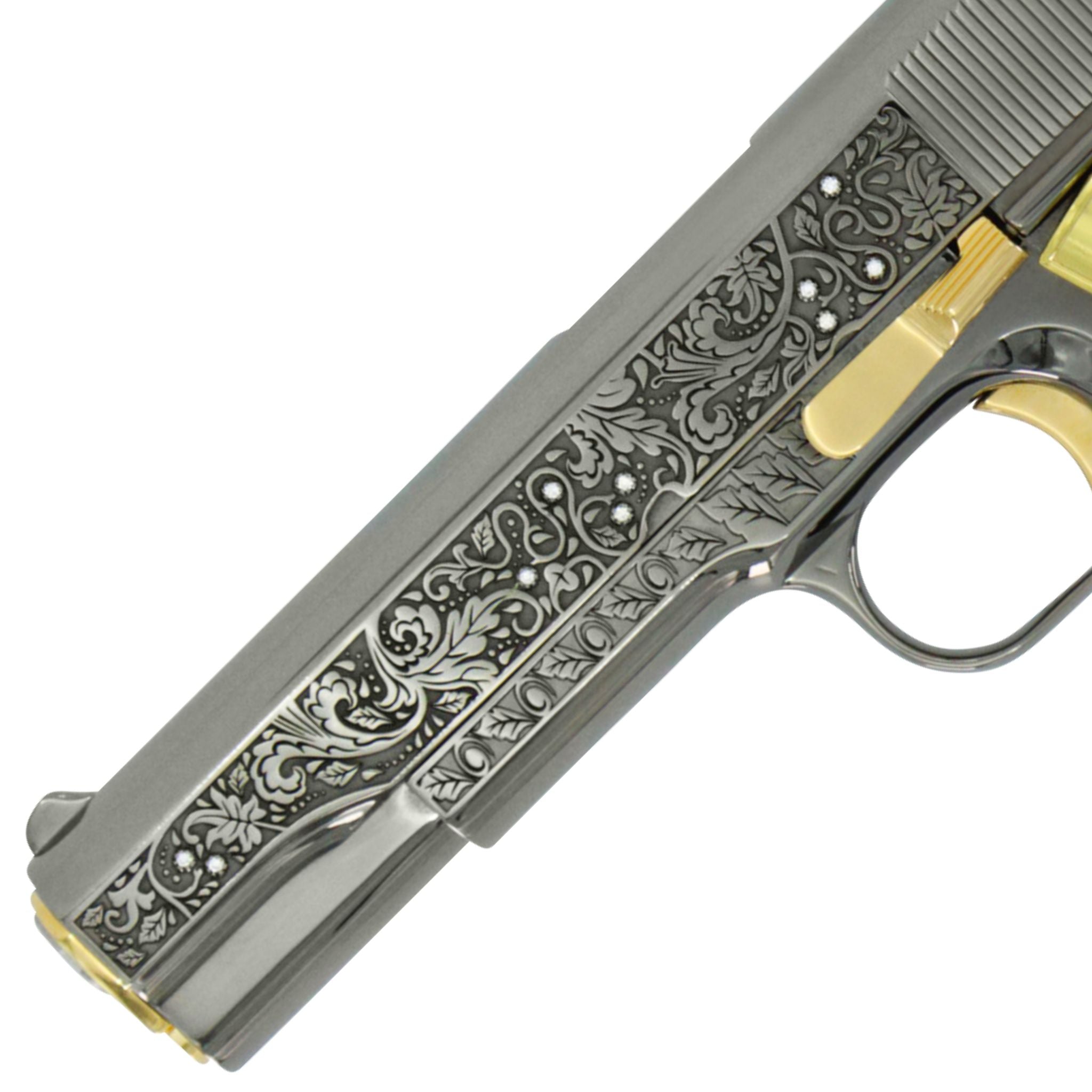Colt 1911 Government, 45ACP, Vine & Berries Design With Diamonds, 24kt Gold Accents, SKU: 4335130935398, 24 karat gold gun, 24 Karat Gold Firearm