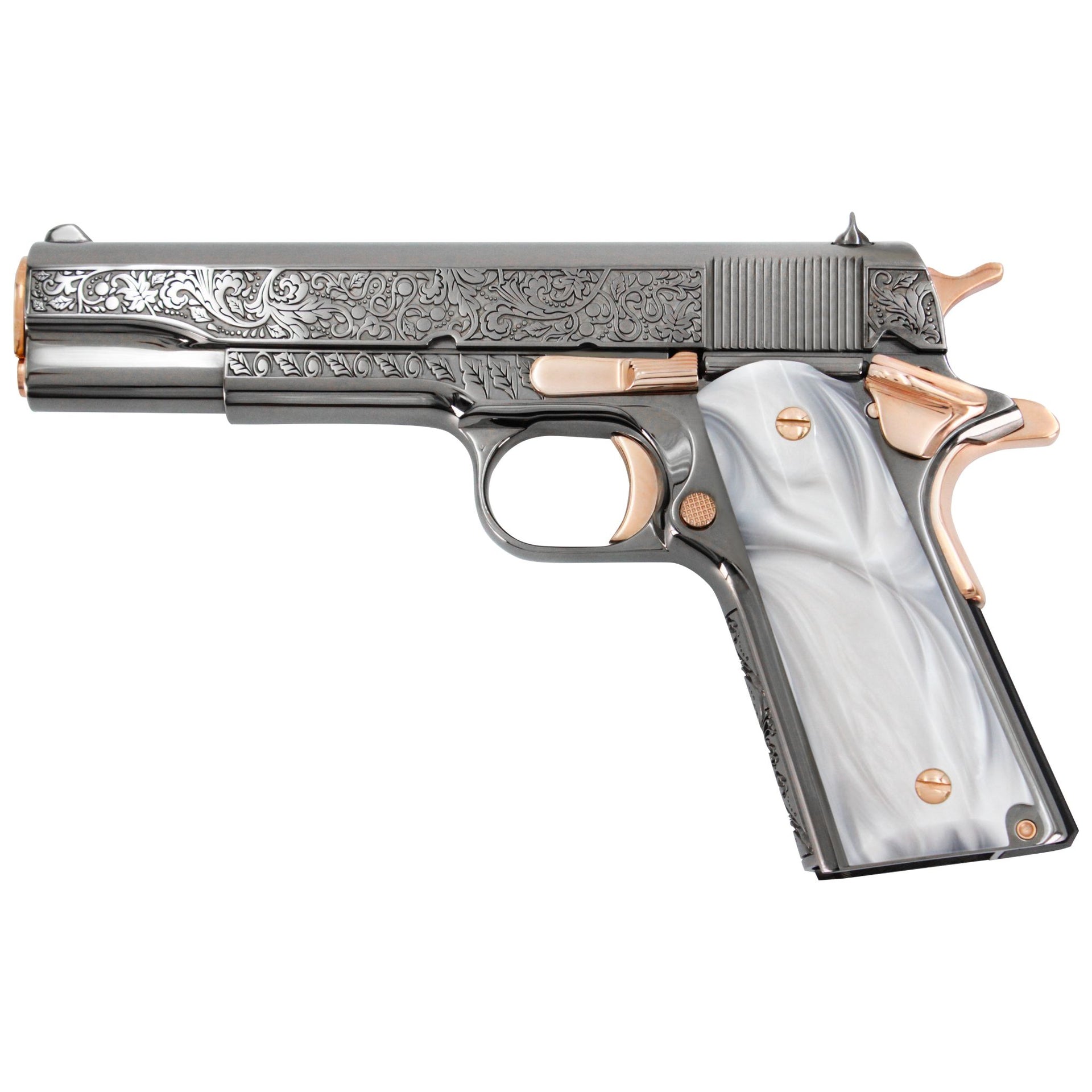 Colt 1911 Government, 45ACP, Vine and Berries Design, Black Chrome Finish With 18K Rose Gold Accents, SKU: 4654517125222, 18K Rose Gold gun, 18K Rose Gold Firearm