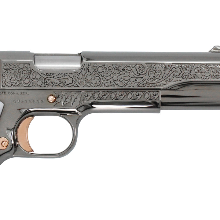 Colt 1911 Government, 45ACP, Vine and Berries Design, Black Chrome Finish With 18K Rose Gold Accents, SKU: 4654517125222, 18K Rose Gold gun, 18K Rose Gold Firearm