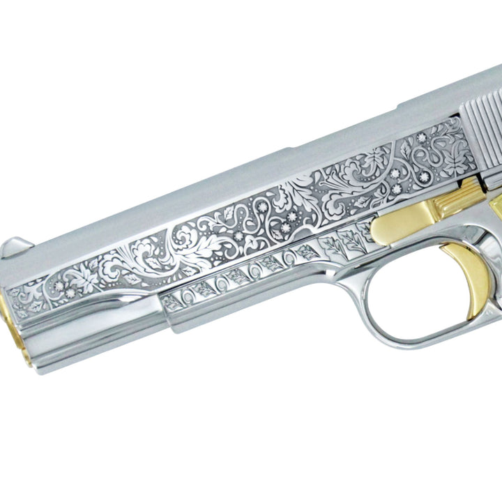 Colt 1911 Government, 45ACP, Vine & Berries Design with Diamonds, White Chrome, 24K Gold Plated Accents, SKU: 4958762434662, 24 karat gold gun, 24 Karat Gold Firearm