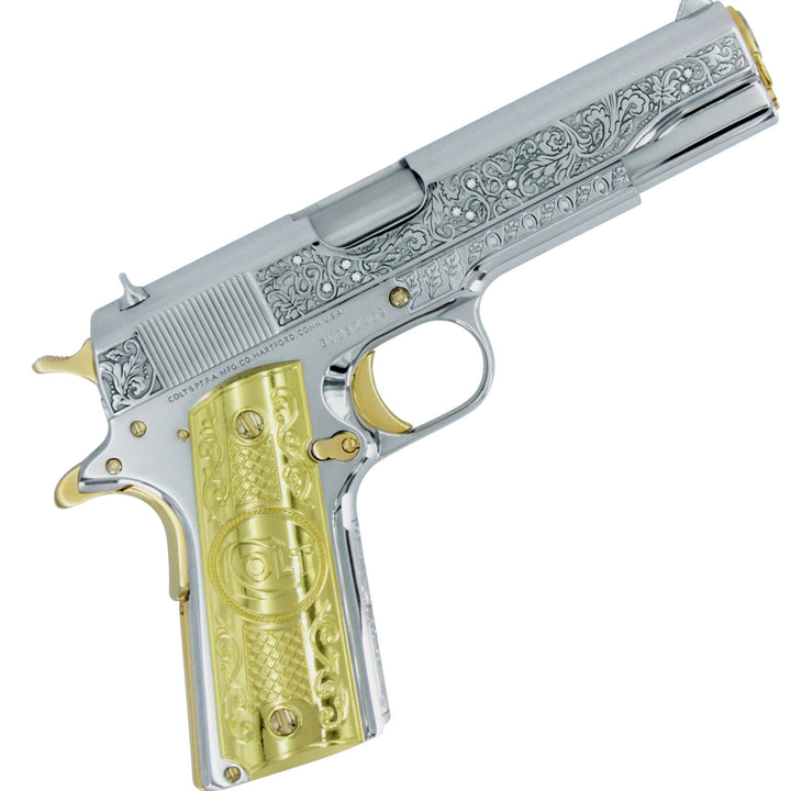 Colt 1911 Government, 45ACP, Vine & Berries Design with Diamonds, White Chrome, 24K Gold Plated Accents, SKU: 4958762434662, 24 karat gold gun, 24 Karat Gold Firearm
