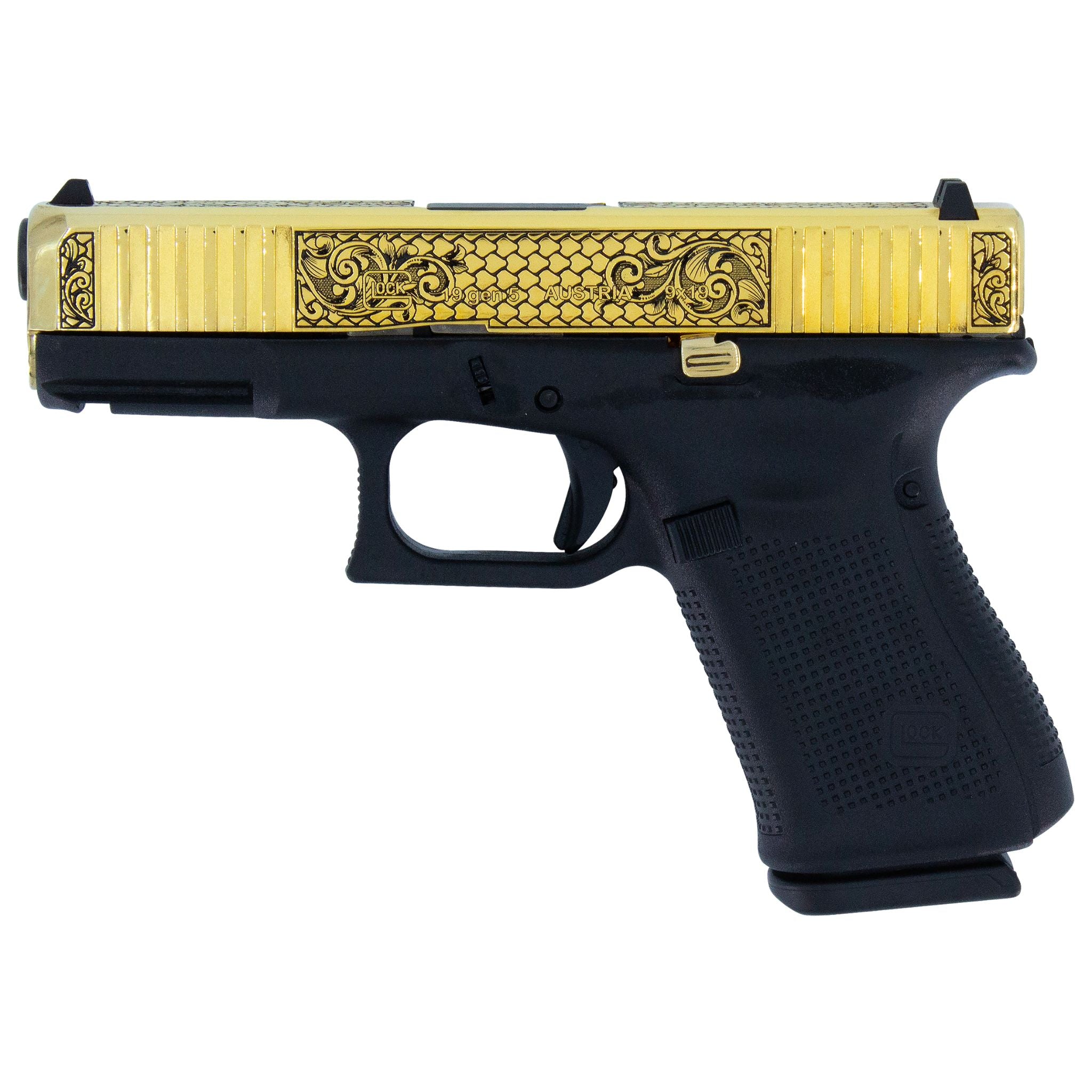 Glock G19 V, 9MM, Tuscan Scroll, 24 Karat Gold, Compact 9mm Luger 15+1