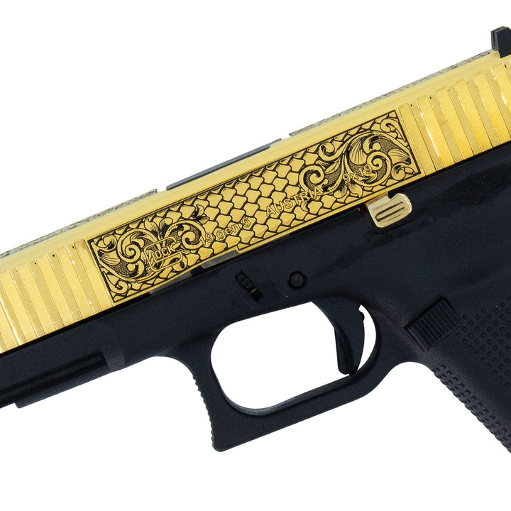 Glock G19 Gen 5, 9mm, Tuscan Scroll, 24 Karat Gold, SKU: 6833796218982, 24 karat gold gun, 24 Karat Gold Firearm