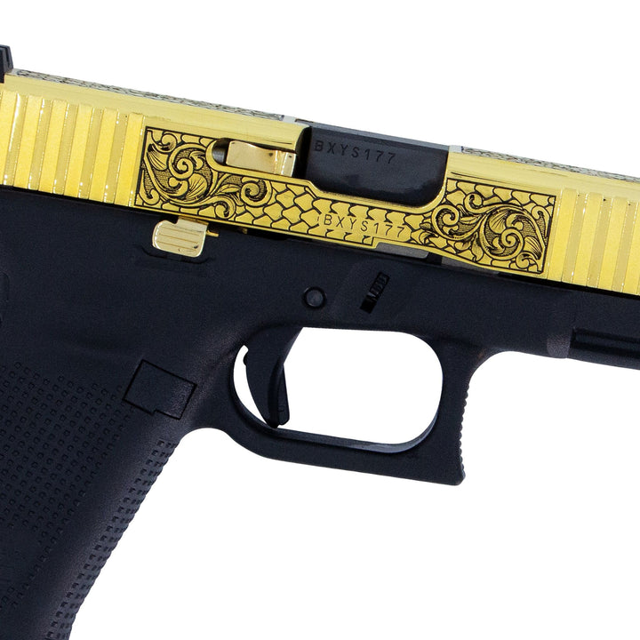 Glock G19 Gen 5, 9mm, Tuscan Scroll, 24 Karat Gold, SKU: 6833796218982, 24 karat gold gun, 24 Karat Gold Firearm
