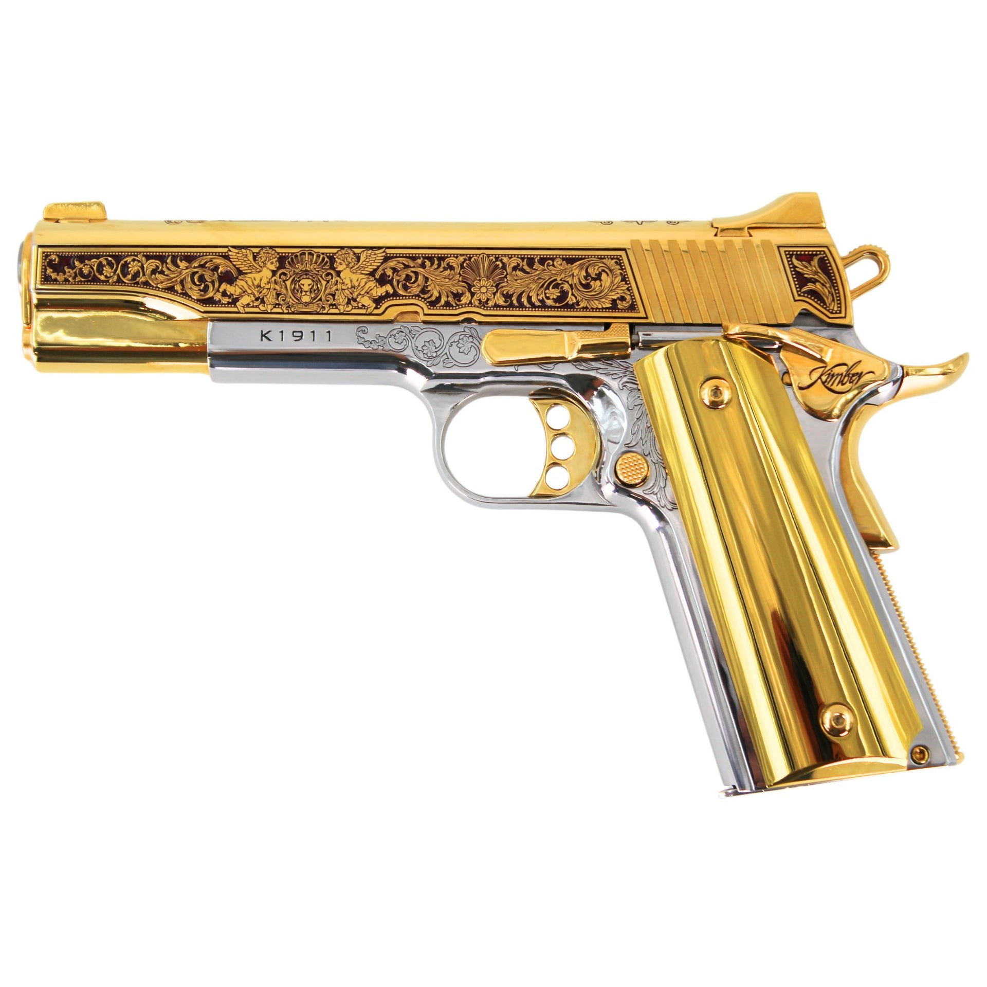 Kimber 1911 .38 Super 24K Gold Pistol by Seattle Engraving Center Gardens of Versailles