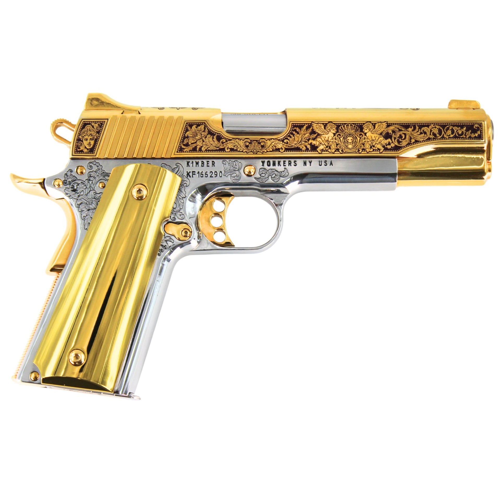 Kimber 1911 .38 Super 24K Gold Pistol by Seattle Engraving Center Gardens of Versailles