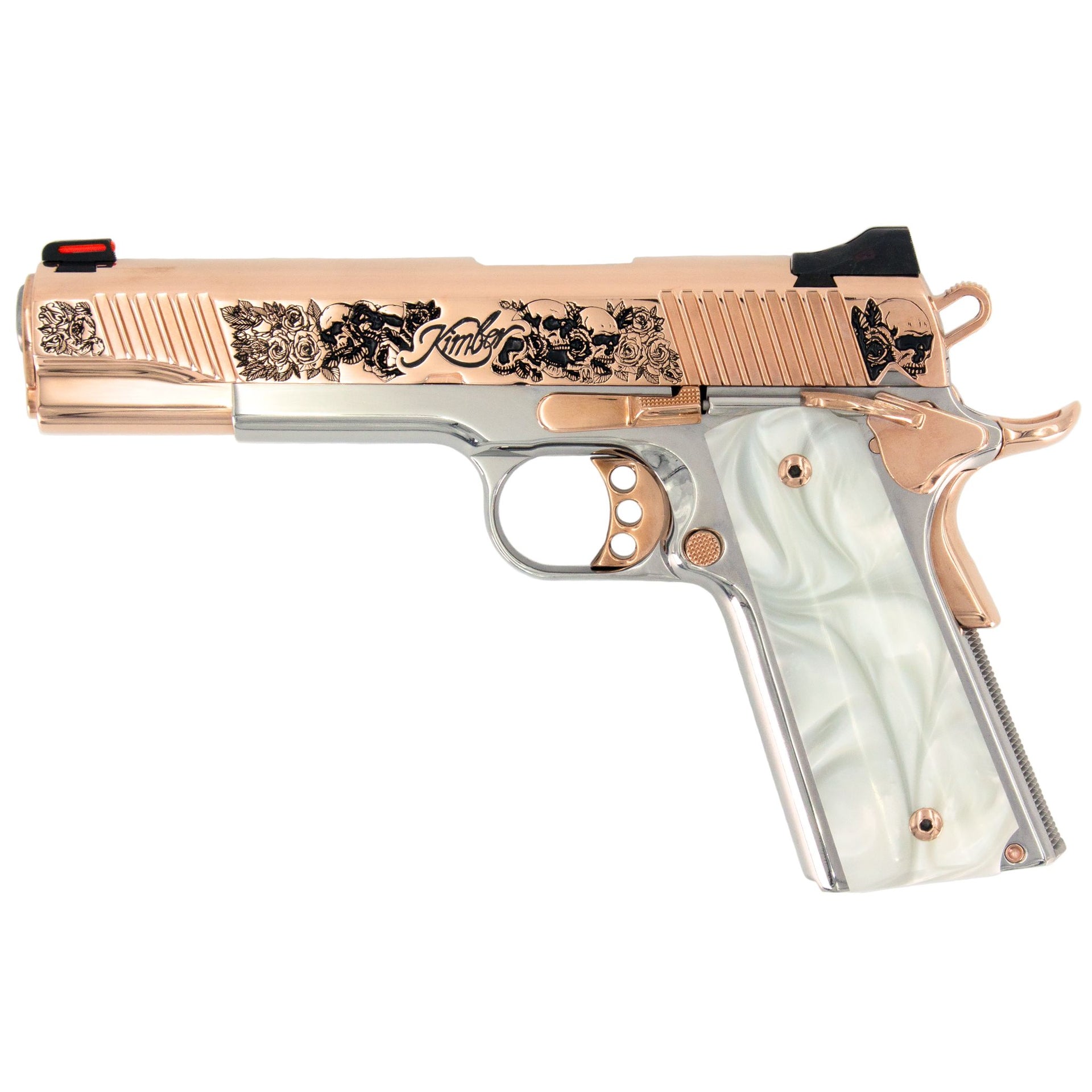 Kimber Stainless II 45 ACP Skull and Flowers Engraved Rose Gold and High Polished Stainless Steel CA Compliant