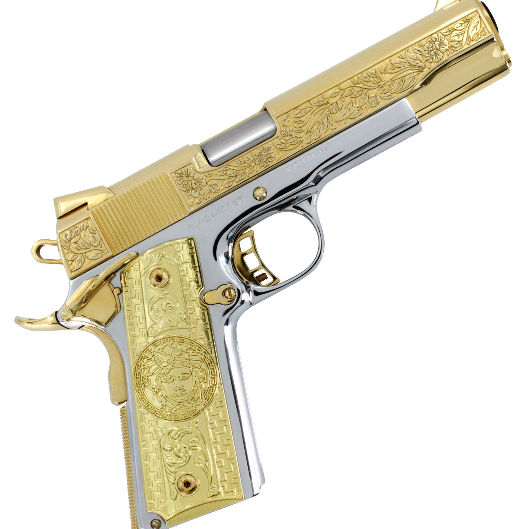 Rock Island 1911, 45 ACP, Italian Renaissance, 24K Gold Plated Slide & Accents with High Polished White Chrome Frame, SKU: 6595861872742, 24 karat gold gun, 24 Karat Gold Firearm, California compliant handguns
