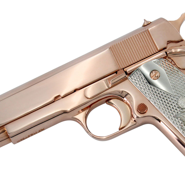 Rock Island 1911 FS, .45 ACP, 18 karat Rose Gold Plated, Engraved Stainless Steel Grips, SKU: 6595903848550, 18 karat gold gun, 18 Karat Gold Firearm, California compliant handguns