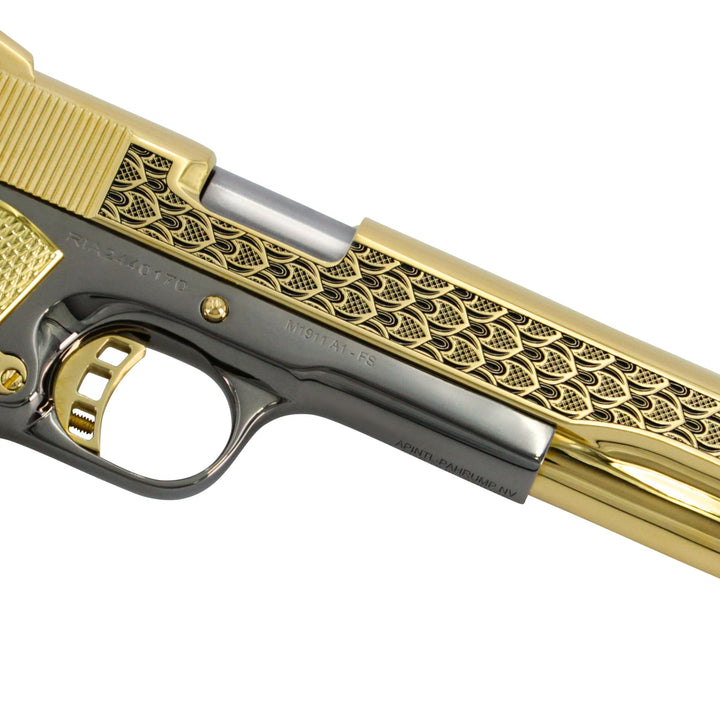 Rock Island Armory 1911-A1, 45ACP, Lotus Leaf Design, 24k Gold Plated Slide & Accents, with a Black Chrome Finished Frame, SKU: 6659730702438, 24 karat gold gun, 24 Karat Gold Firearm, California compliant handguns