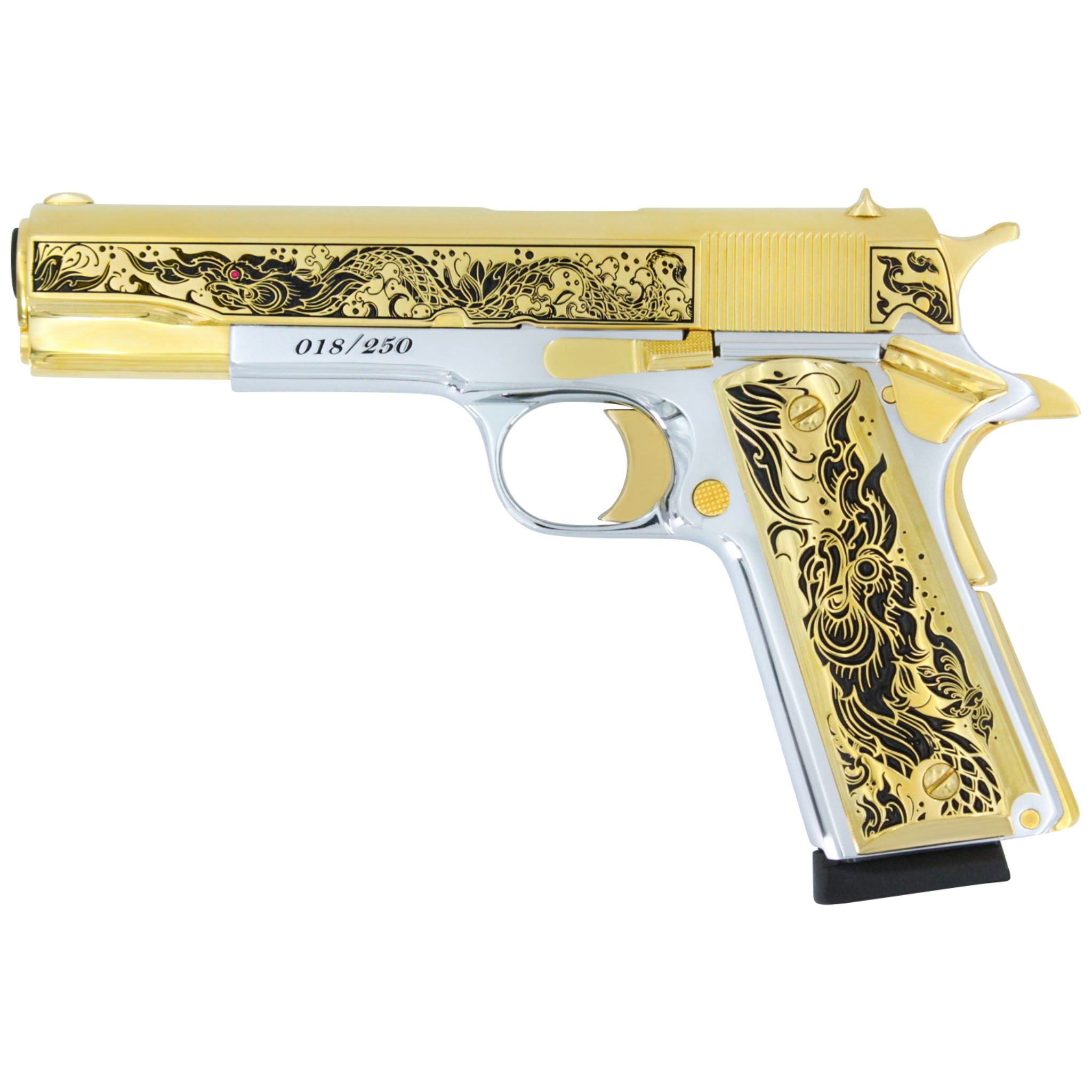 Rock Island 1911-A1, 45ACP, Naga Warrior with Ruby, 24K Gold Plated Slide & Accents with High Polished White Chrome Frame, SKU: 6736103309414, 24 karat gold gun, 24 Karat Gold Firearm, California compliant handguns