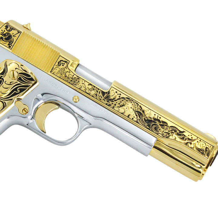 Rock Island 1911-A1, 45ACP, Naga Warrior with Ruby, 24K Gold Plated Slide & Accents with High Polished White Chrome Frame, SKU: 6736103309414, 24 karat gold gun, 24 Karat Gold Firearm, California compliant handguns