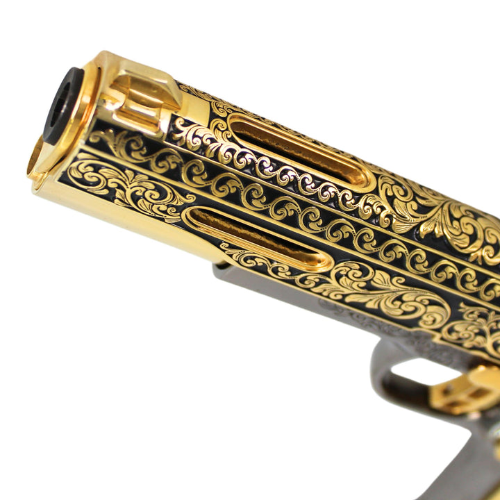 Rock Island 1911 Standard FS, 45 ACP, Classic Scroll engraved, 24 karat Gold and Black Chrome plated, SKU: 7010462728294,  Gold Gun,  Gold Firearm, Engraved Firearm 